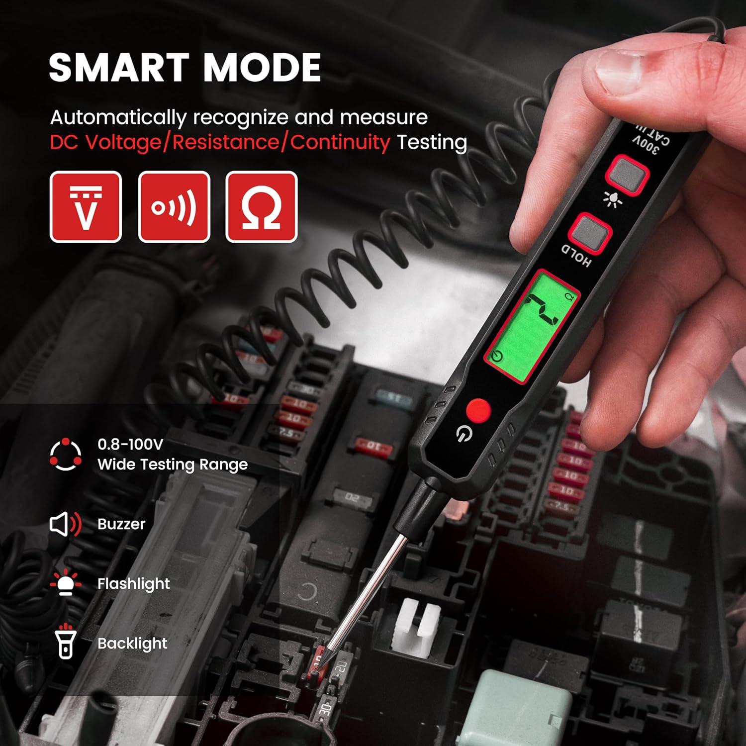imageKAIWEETS 08V100V DC Smart Automotive Test Light Buzzer Circuit Tester with Sharp Probe Bidirectional Voltage Tester with Flashlight Electric Test Pen for Car Battery Polarity Continuity Fuses