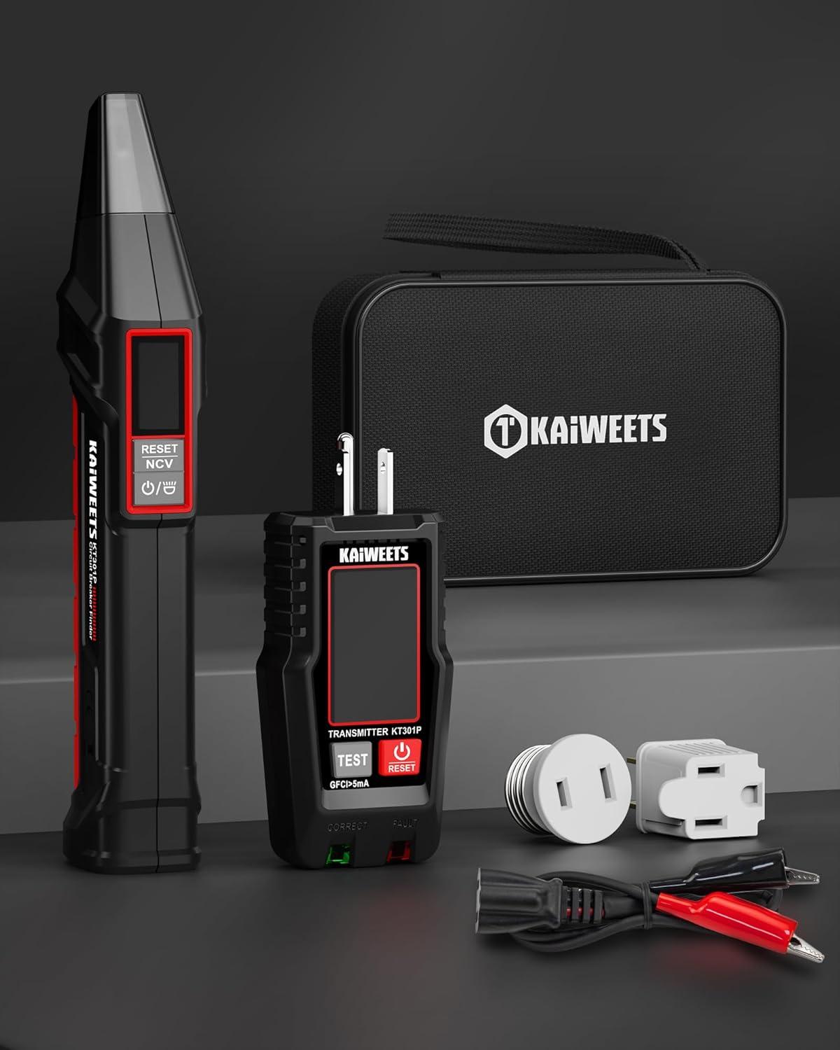 imageKAIWEETS Circuit Breaker Finder with LCD Display GFCI Outlet Tester Electrical Circuit Tracer Tool with NCV Test ampamp Flashlight Includes Carrying Case and Adapters KT301P