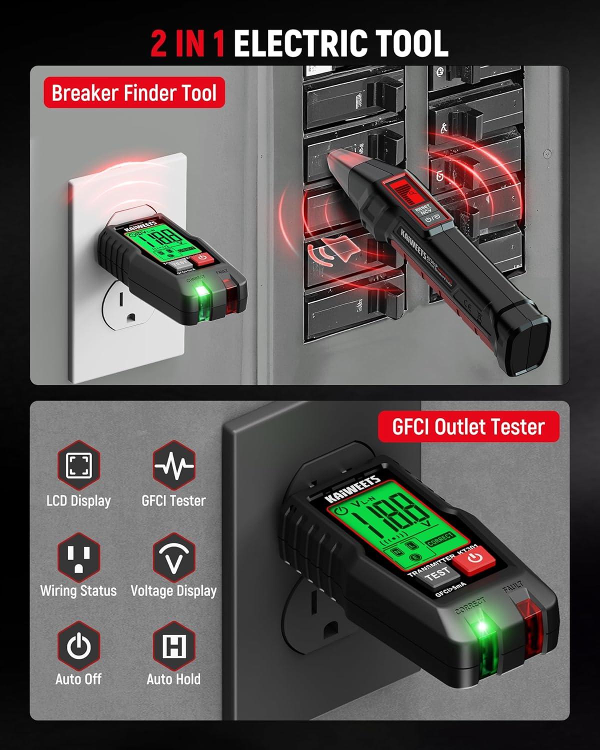 imageKAIWEETS Circuit Breaker Finder with LCD Display GFCI Outlet Tester Electrical Circuit Tracer Tool with NCV Test ampamp Flashlight Includes Carrying Case and Adapters KT301P