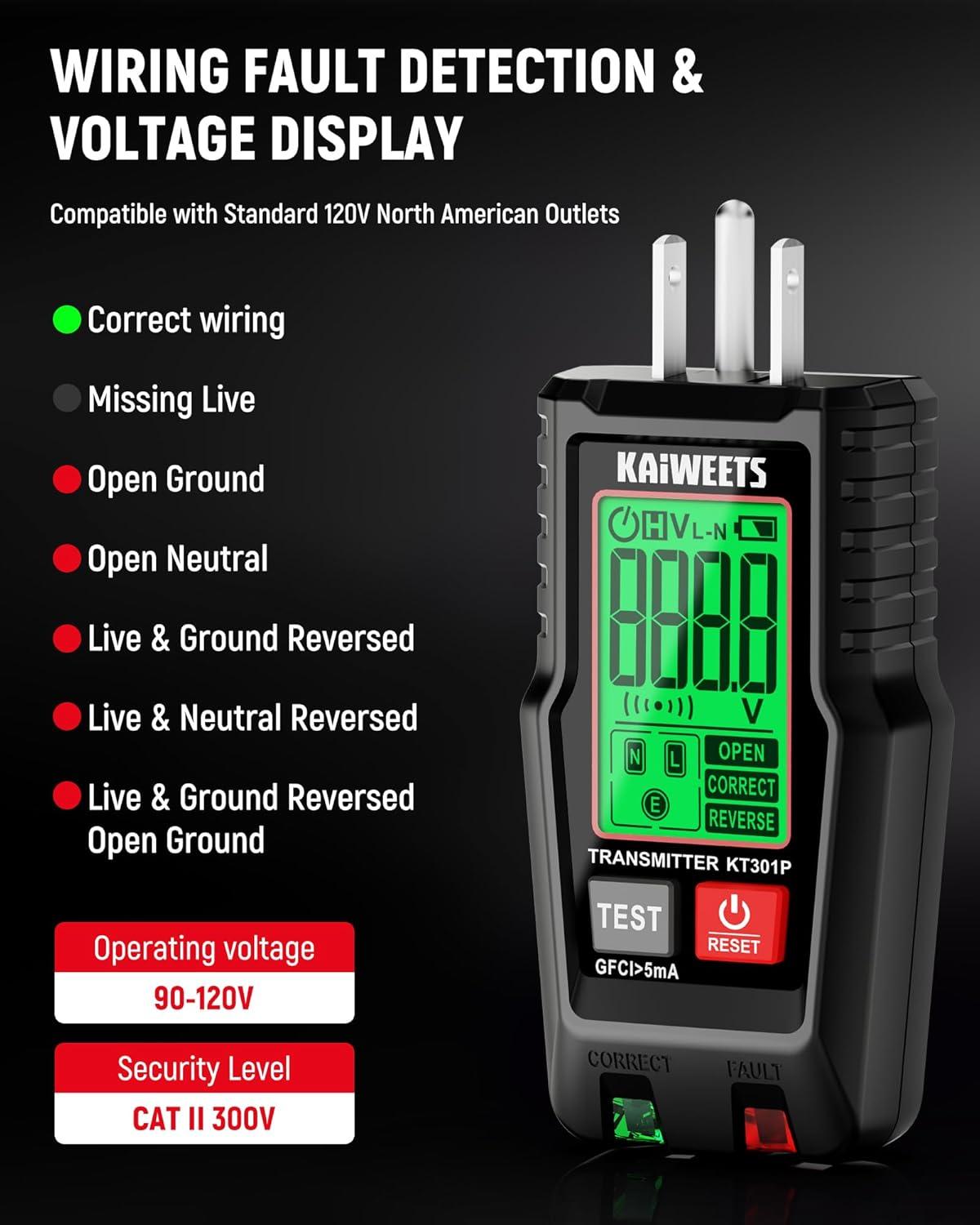 imageKAIWEETS Circuit Breaker Finder with LCD Display GFCI Outlet Tester Electrical Circuit Tracer Tool with NCV Test ampamp Flashlight Includes Carrying Case and Adapters KT301P