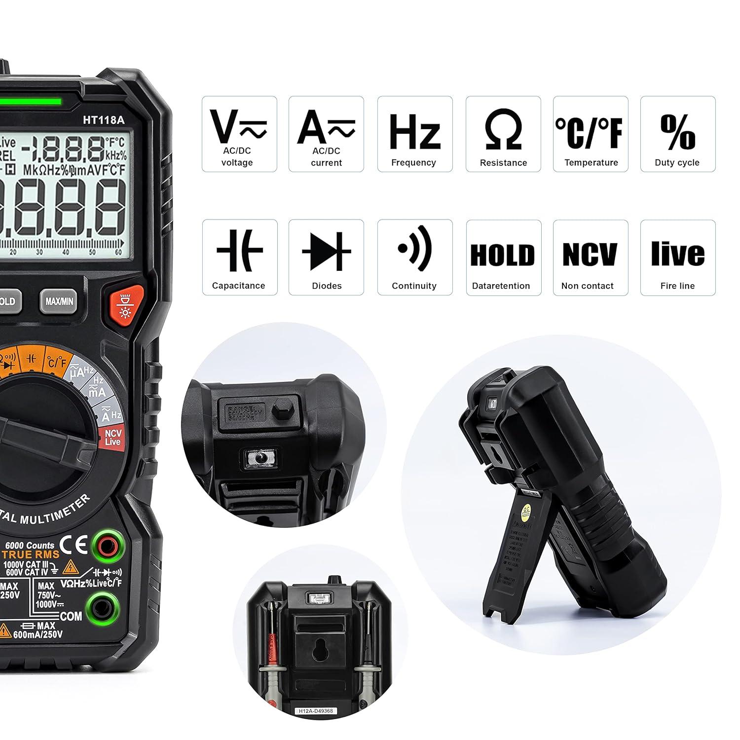 imageKAIWEETS Digital Multimeter TRMS 6000 Counts Voltmeter AutoRanging Fast Accurately Measures Voltage Current Amp Resistance Diodes Continuity DutyCycle Capacitance Temperature for Automotive6000 counts