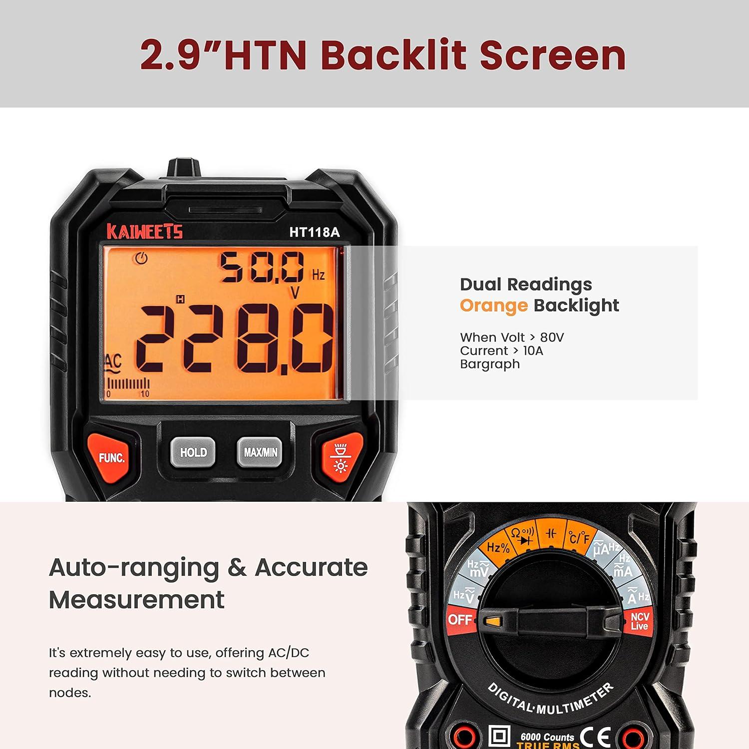 imageKAIWEETS Digital Multimeter TRMS 6000 Counts Voltmeter AutoRanging Fast Accurately Measures Voltage Current Amp Resistance Diodes Continuity DutyCycle Capacitance Temperature for Automotive6000 counts