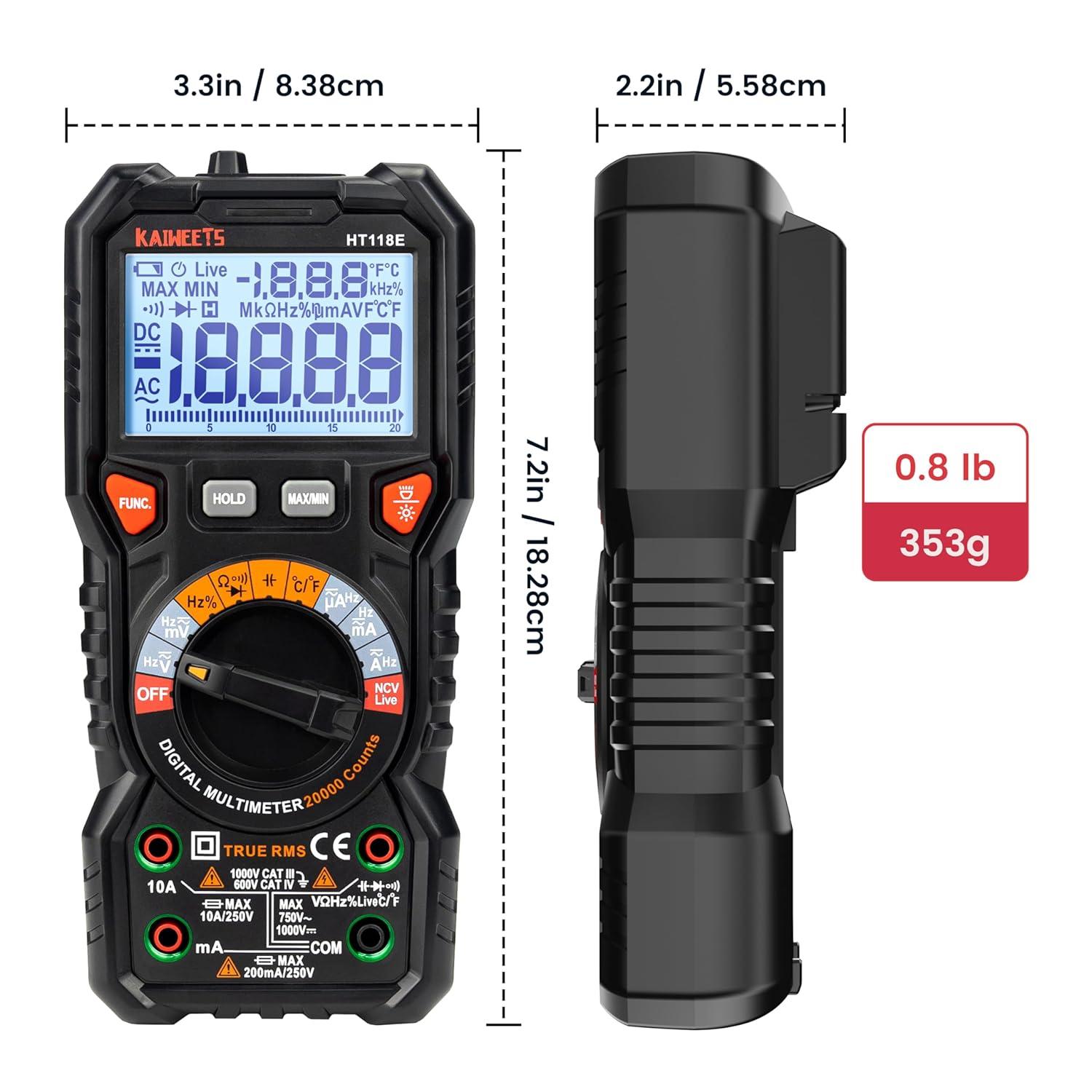 imageKAIWEETS Digital Multimeter TRMS 6000 Counts Voltmeter AutoRanging Fast Accurately Measures Voltage Current Amp Resistance Diodes Continuity DutyCycle Capacitance Temperature for Automotive20000 counts