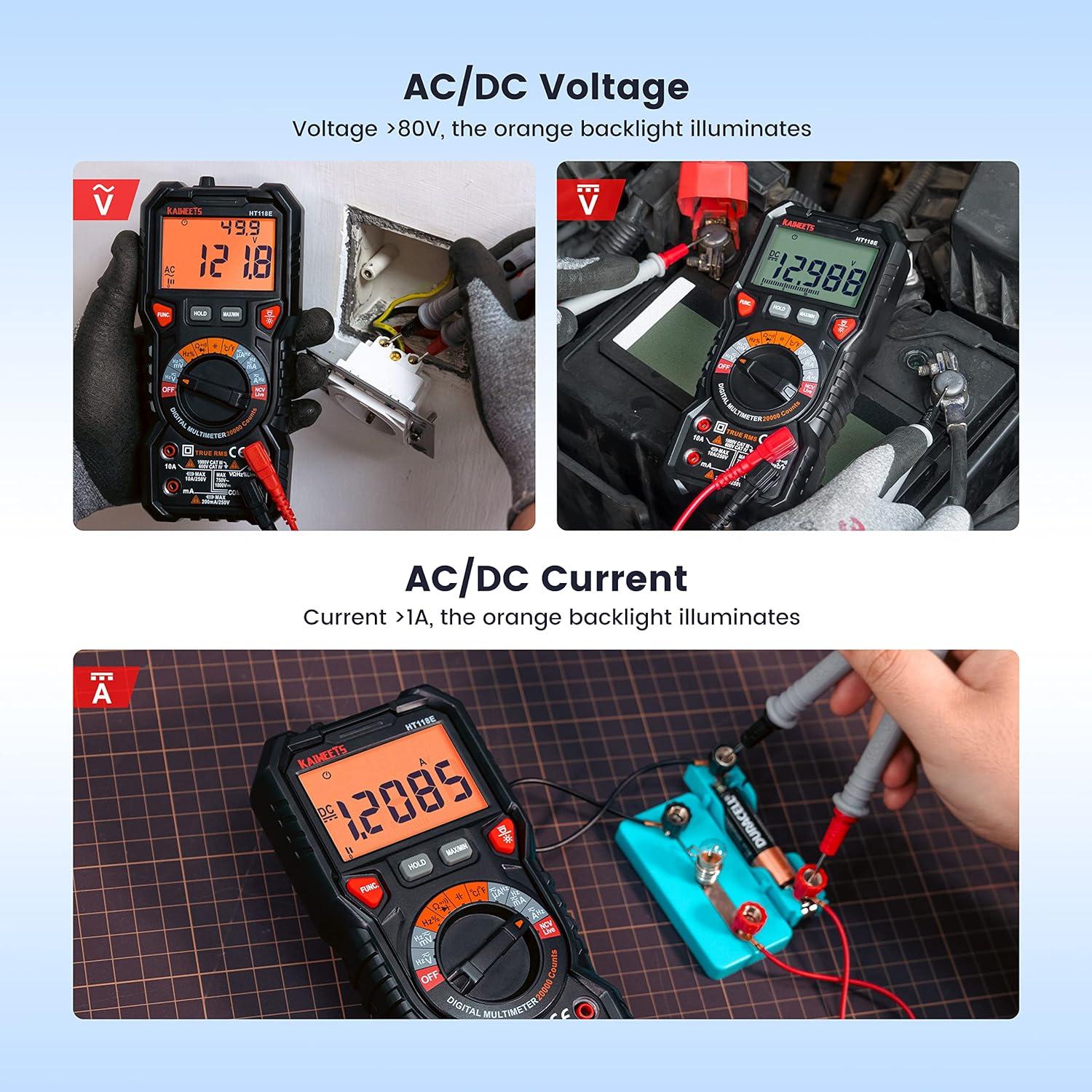 imageKAIWEETS Digital Multimeter TRMS 6000 Counts Voltmeter AutoRanging Fast Accurately Measures Voltage Current Amp Resistance Diodes Continuity DutyCycle Capacitance Temperature for Automotive20000 counts