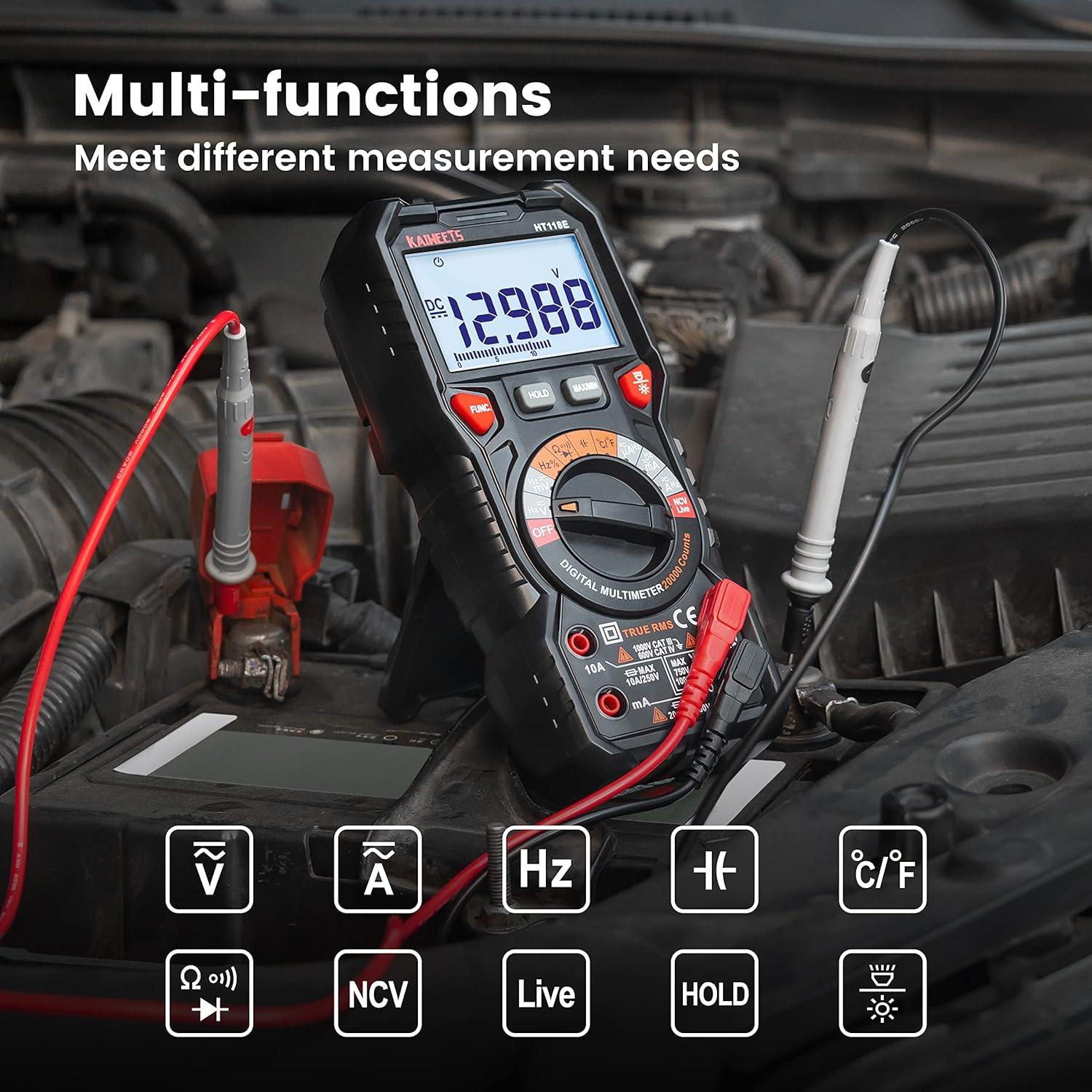 imageKAIWEETS Digital Multimeter TRMS 6000 Counts Voltmeter AutoRanging Fast Accurately Measures Voltage Current Amp Resistance Diodes Continuity DutyCycle Capacitance Temperature for Automotive20000 counts