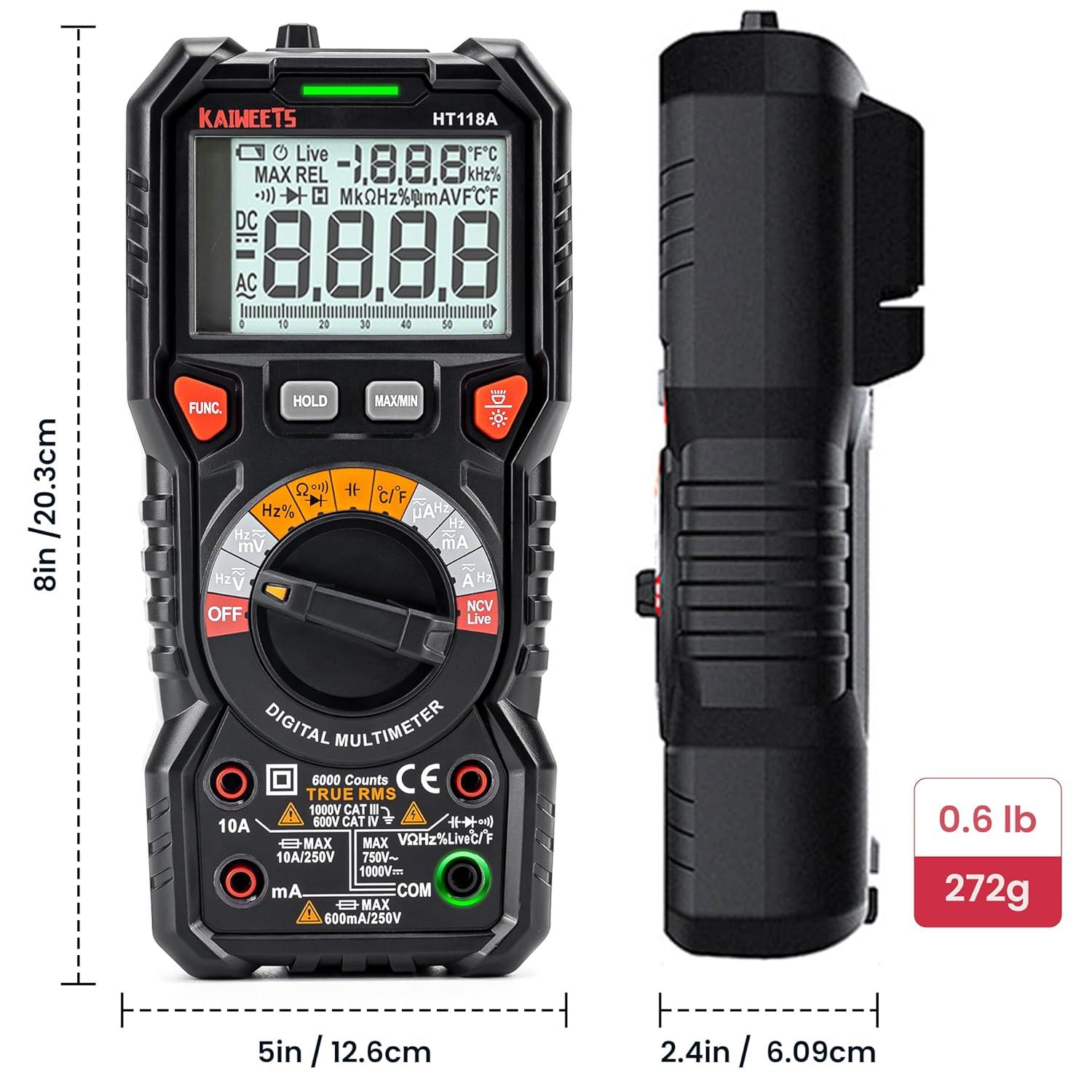 imageKAIWEETS Digital Multimeter TRMS 6000 Counts Voltmeter AutoRanging Fast Accurately Measures Voltage Current Amp Resistance Diodes Continuity DutyCycle Capacitance Temperature for Automotive6000 counts