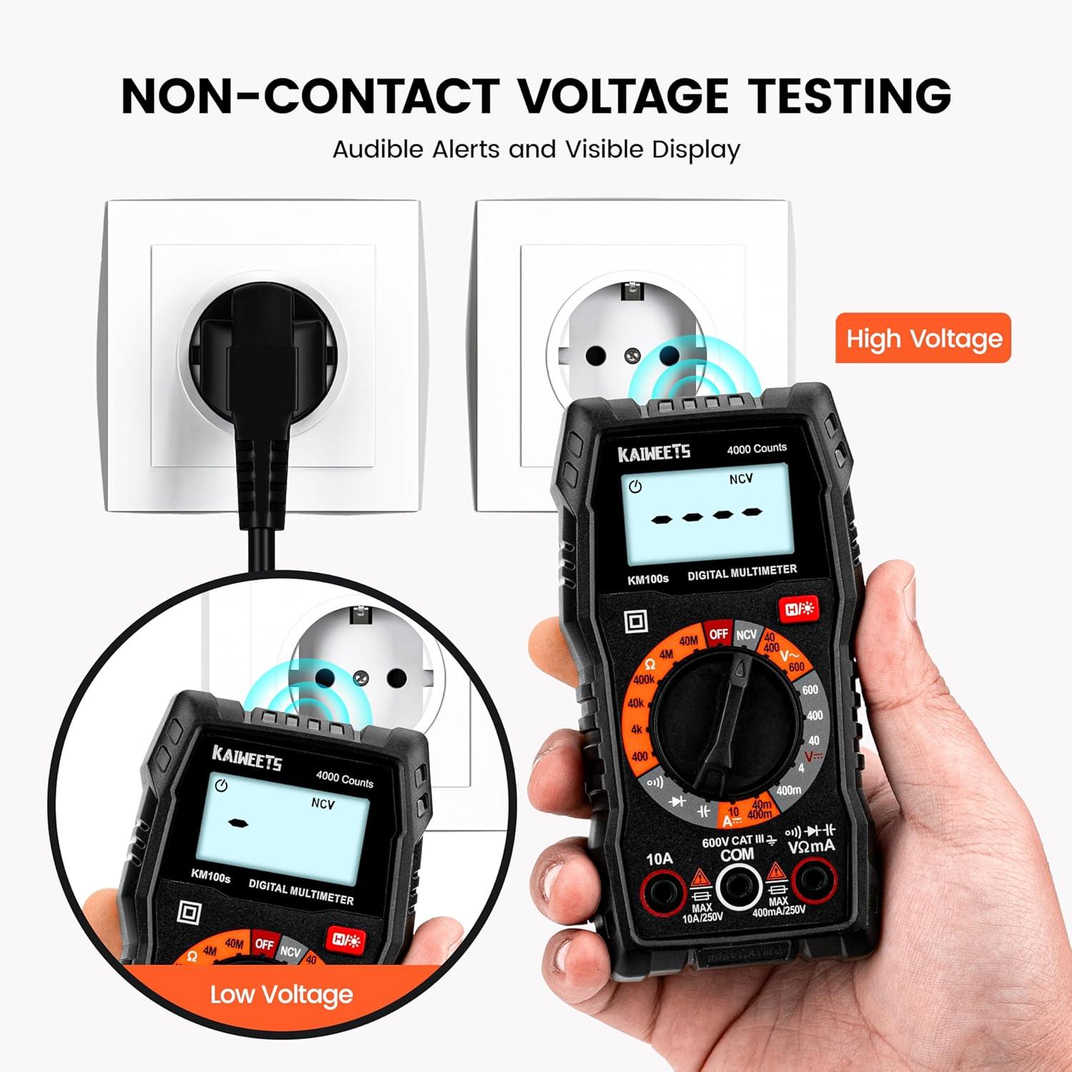 imageKAIWEETS Digital Multimeter with Case DC AC Voltmeter Ohm Volt Amp Test Meter and Continuity Test Diode Voltage Tester for Household Outlet Automotive Battery Test AntiBurn with Double FusesKM100S