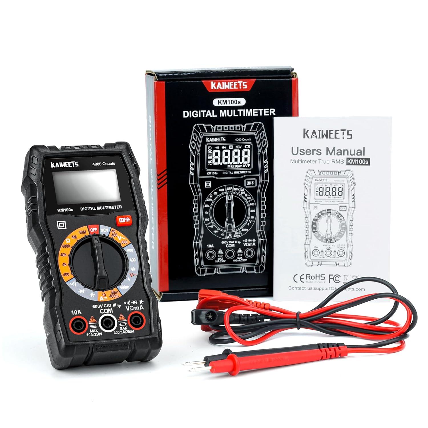 imageKAIWEETS Digital Multimeter with Case DC AC Voltmeter Ohm Volt Amp Test Meter and Continuity Test Diode Voltage Tester for Household Outlet Automotive Battery Test AntiBurn with Double FusesKM100S
