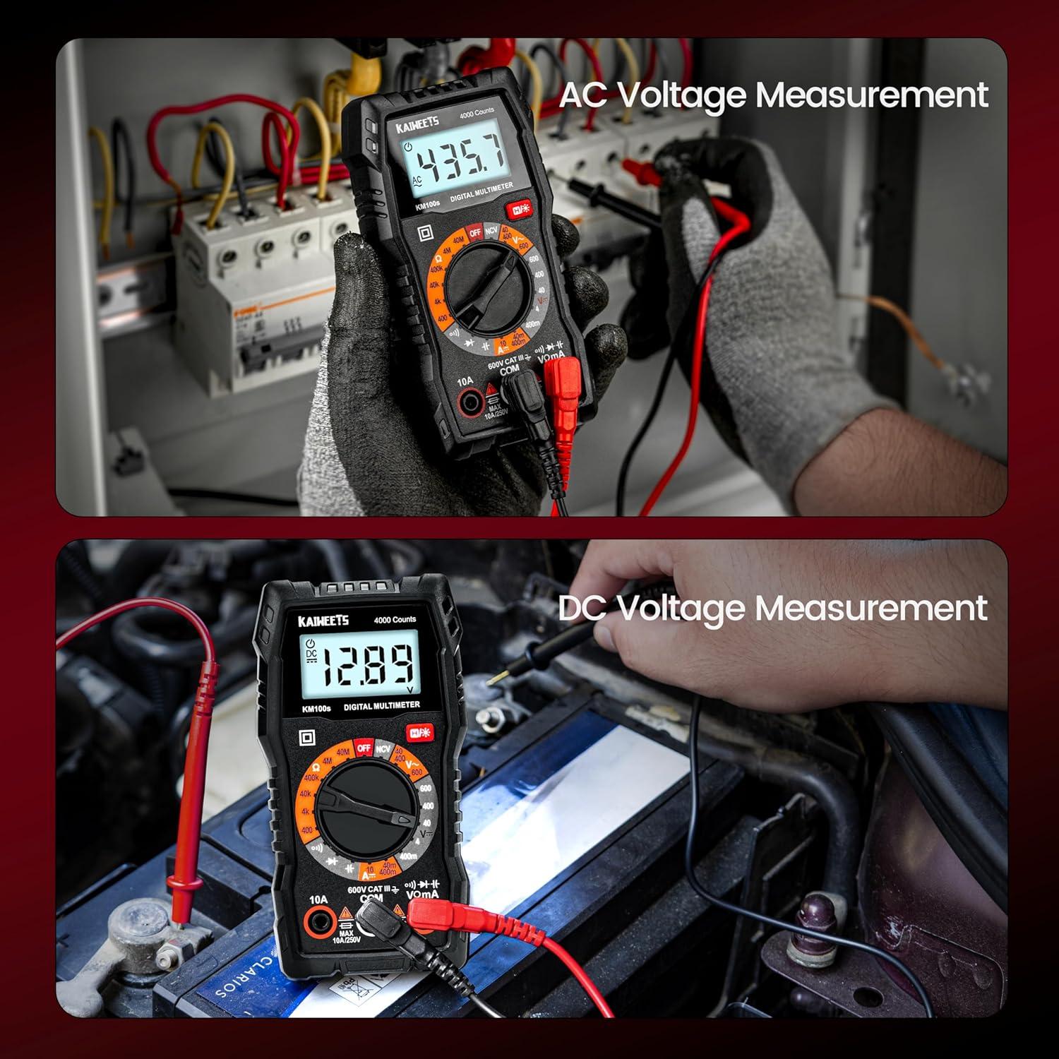 imageKAIWEETS Digital Multimeter with Case DC AC Voltmeter Ohm Volt Amp Test Meter and Continuity Test Diode Voltage Tester for Household Outlet Automotive Battery Test AntiBurn with Double FusesKM100S