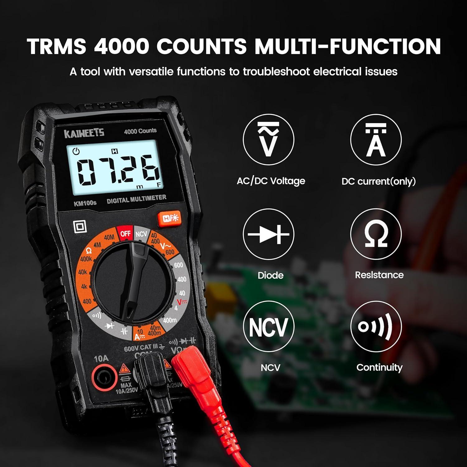 imageKAIWEETS Digital Multimeter with Case DC AC Voltmeter Ohm Volt Amp Test Meter and Continuity Test Diode Voltage Tester for Household Outlet Automotive Battery Test AntiBurn with Double FusesKM100S