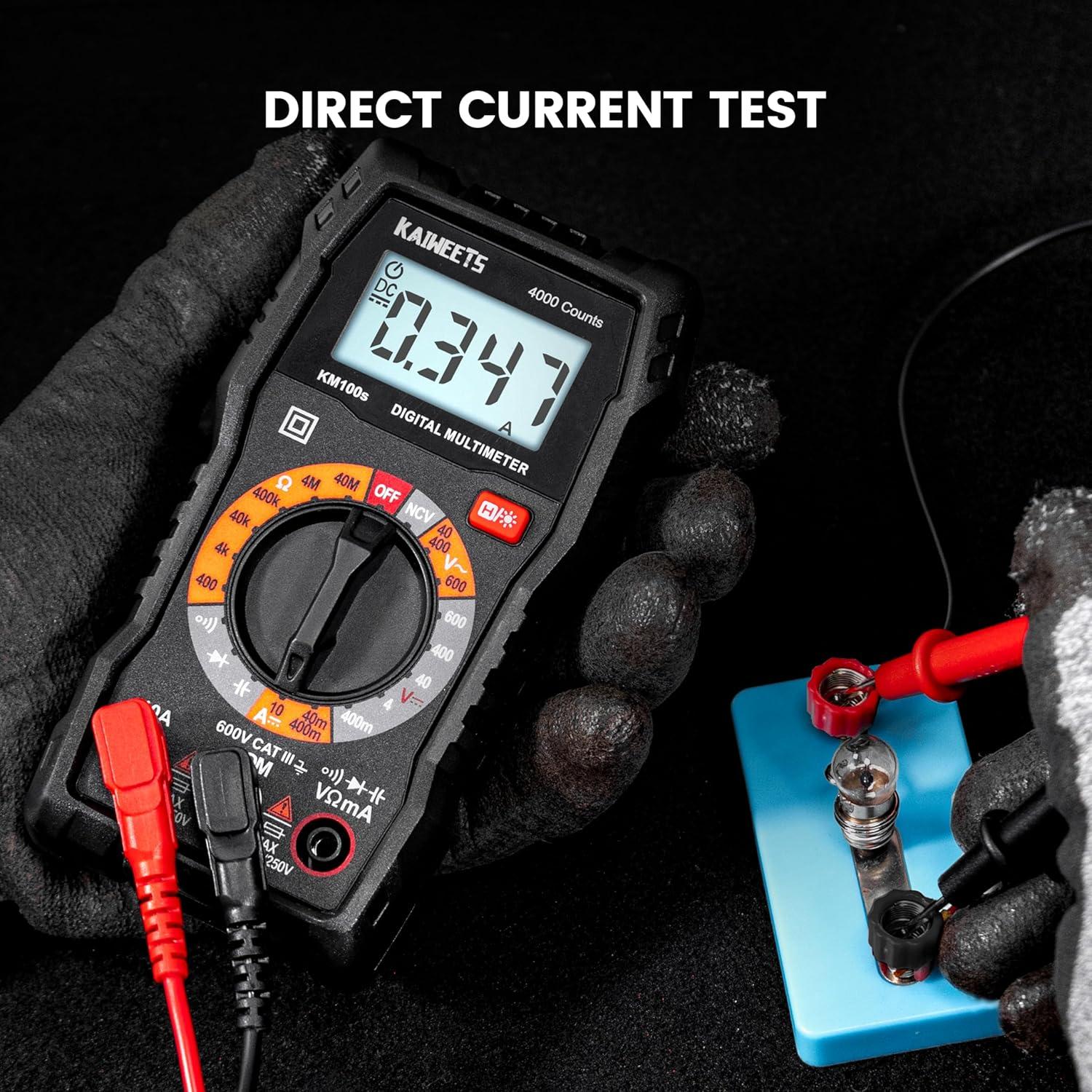 imageKAIWEETS Digital Multimeter with Case DC AC Voltmeter Ohm Volt Amp Test Meter and Continuity Test Diode Voltage Tester for Household Outlet Automotive Battery Test AntiBurn with Double FusesKM100S