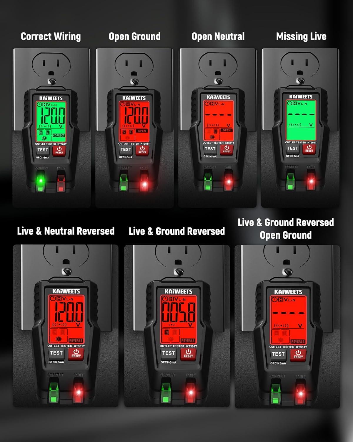 imageKAIWEETS GFCI Outlet Tester with LCD Display 3Prong Receptacle Wiring Detector Voltage Socket Checker Auto Hold Electrical Diagnostic Tool for 120V AC Home Outlets