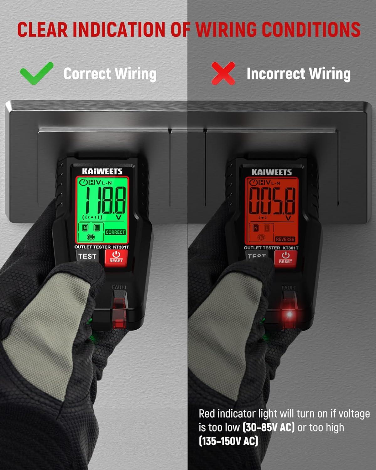 imageKAIWEETS GFCI Outlet Tester with LCD Display 3Prong Receptacle Wiring Detector Voltage Socket Checker Auto Hold Electrical Diagnostic Tool for 120V AC Home Outlets