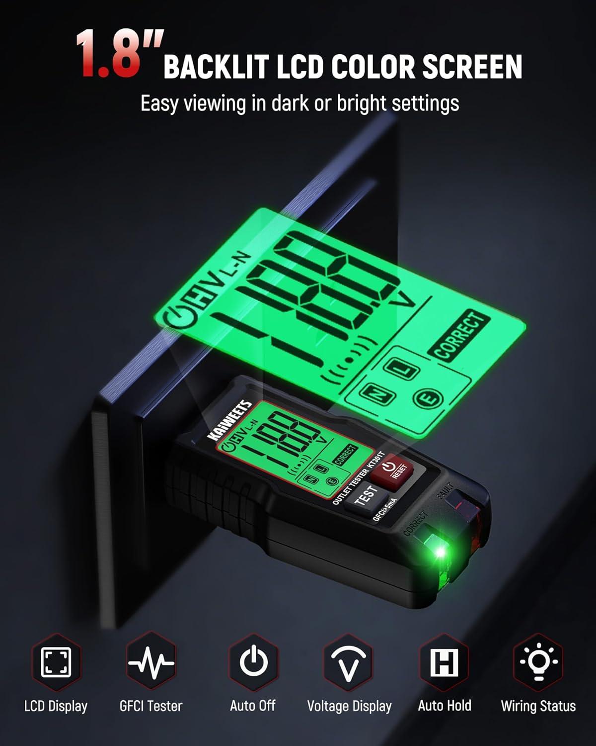imageKAIWEETS GFCI Outlet Tester with LCD Display 3Prong Receptacle Wiring Detector Voltage Socket Checker Auto Hold Electrical Diagnostic Tool for 120V AC Home Outlets