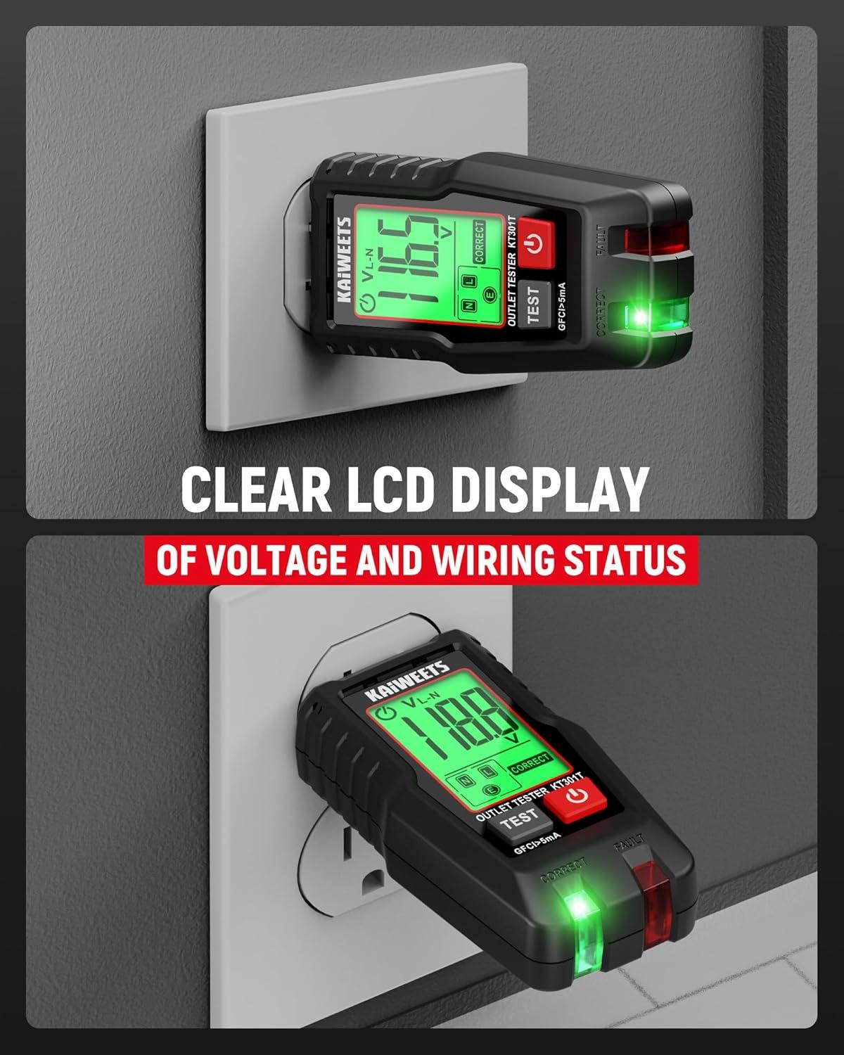imageKAIWEETS GFCI Outlet Tester with LCD Display 3Prong Receptacle Wiring Detector Voltage Socket Checker Auto Hold Electrical Diagnostic Tool for 120V AC Home Outlets