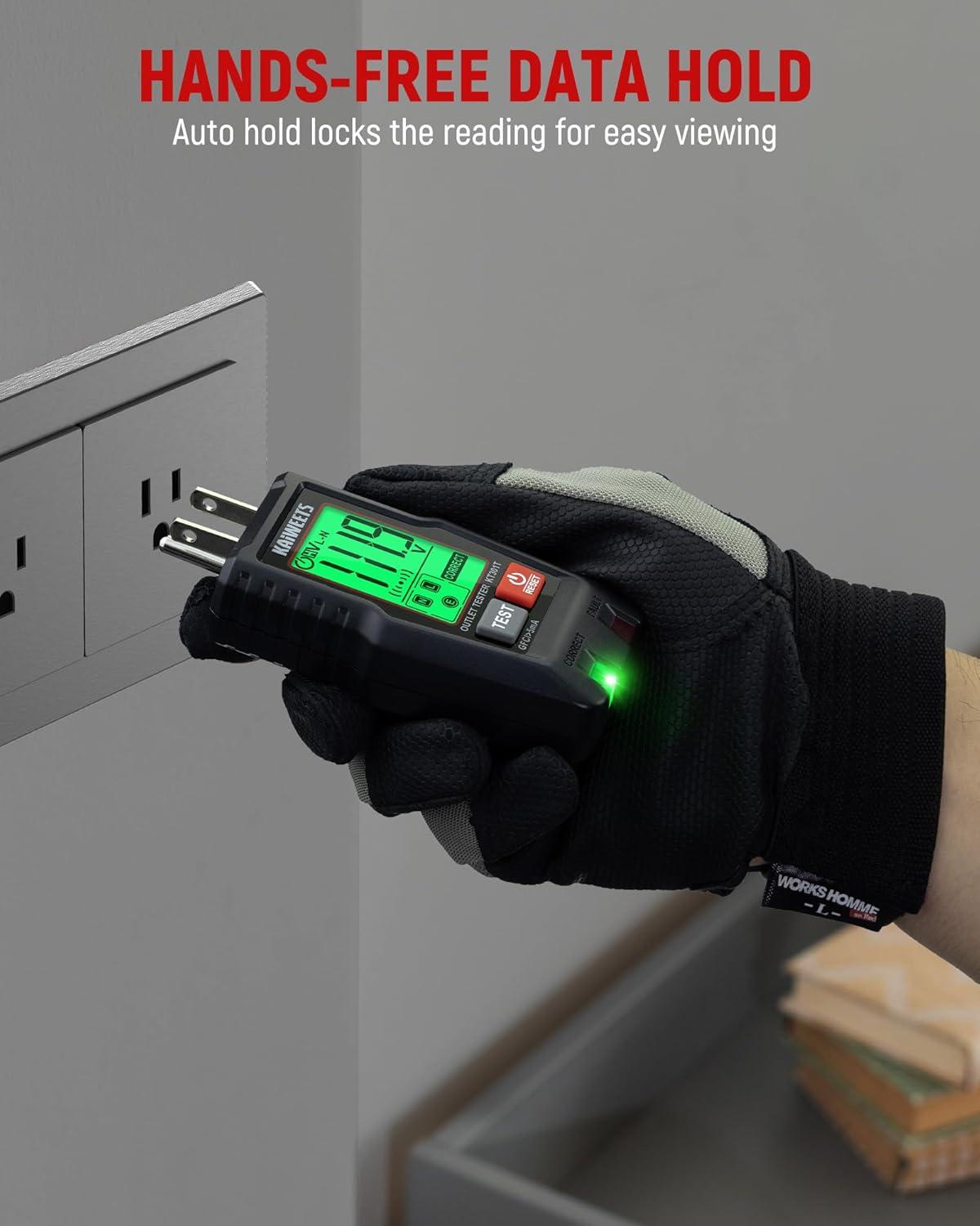 imageKAIWEETS GFCI Outlet Tester with LCD Display 3Prong Receptacle Wiring Detector Voltage Socket Checker Auto Hold Electrical Diagnostic Tool for 120V AC Home Outlets