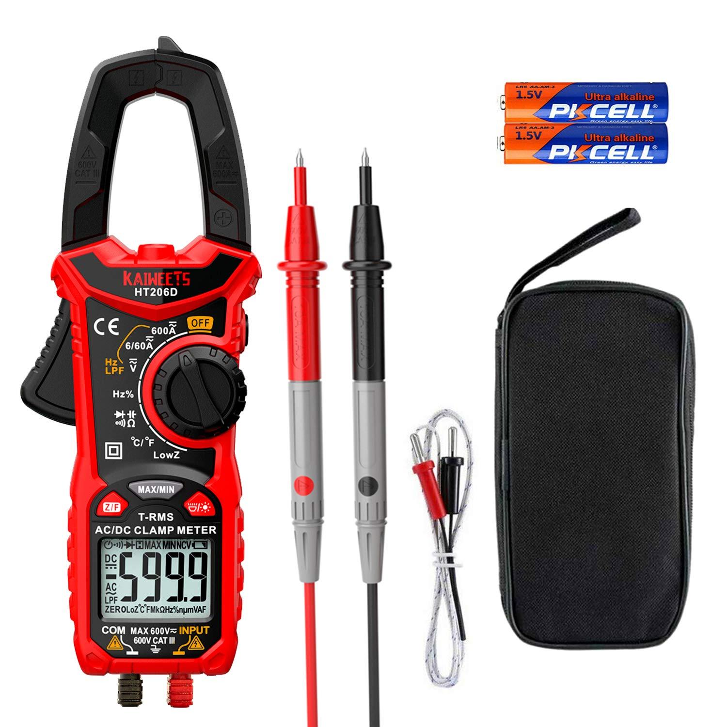 imageKAIWEETS HT206D Digital Clamp Meter TRMS 6000 Counts Multimeter Voltage Tester Autoranging Measures Current Voltage Temperature Capacitance Resistance Diodes Continuity DutyCycle ACDC Current6000 Counts