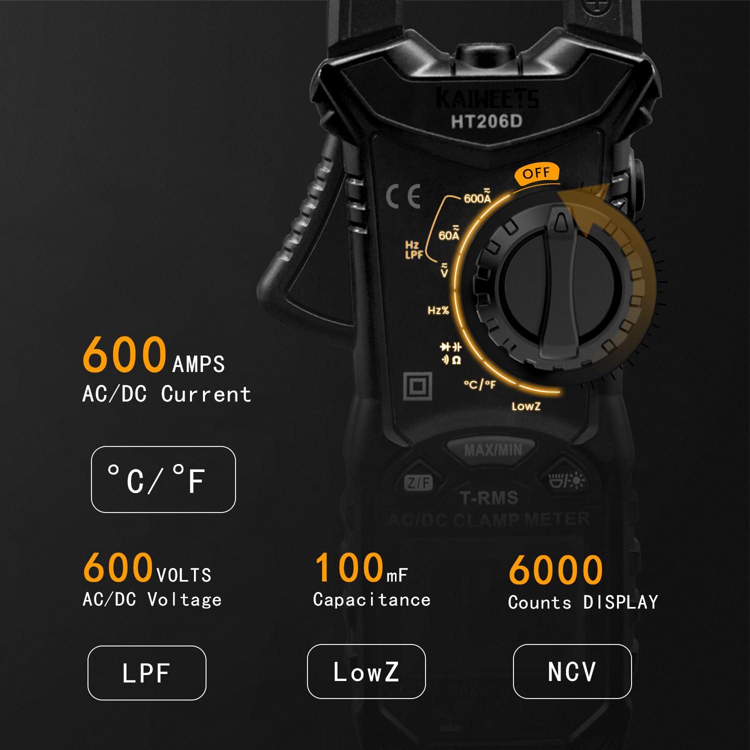 imageKAIWEETS HT206D Digital Clamp Meter TRMS 6000 Counts Multimeter Voltage Tester Autoranging Measures Current Voltage Temperature Capacitance Resistance Diodes Continuity DutyCycle ACDC Current6000 Counts
