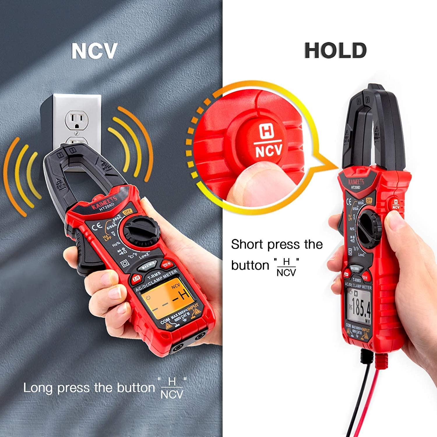 imageKAIWEETS HT206D Digital Clamp Meter TRMS 6000 Counts Multimeter Voltage Tester Autoranging Measures Current Voltage Temperature Capacitance Resistance Diodes Continuity DutyCycle ACDC Current6000 Counts