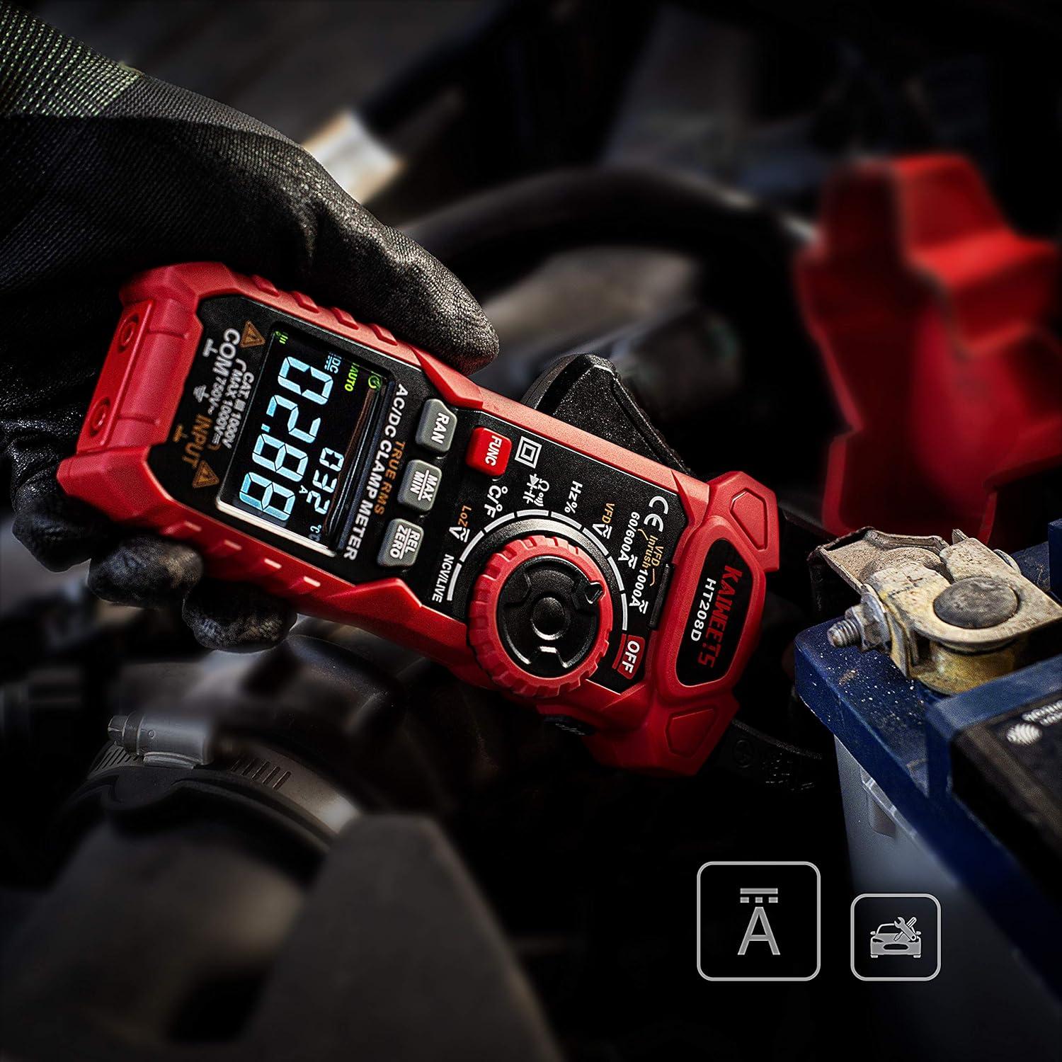 imageKAIWEETS HT208D Inrush Clamp Meter 1000A True RMS ACDC Current Amp Meter VFD LOZ Mode 6000 Counts Measures Current Voltage Temperature Capacitance Resistance Diodes Continuity DutyCycleHT208D