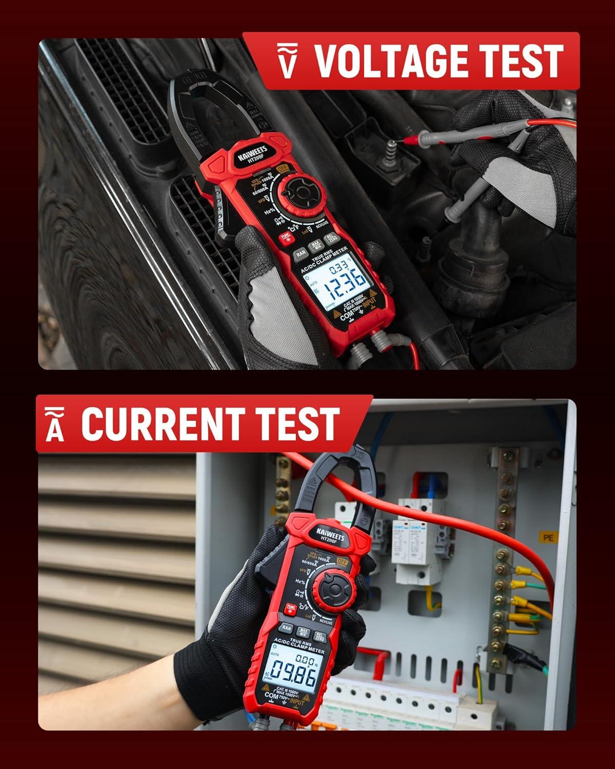 imageKAIWEETS HT208D Inrush Clamp Meter 1000A True RMS ACDC Current Amp Meter VFD LOZ Mode 6000 Counts Measures Current Voltage Temperature Capacitance Resistance Diodes Continuity DutyCycleHT208F