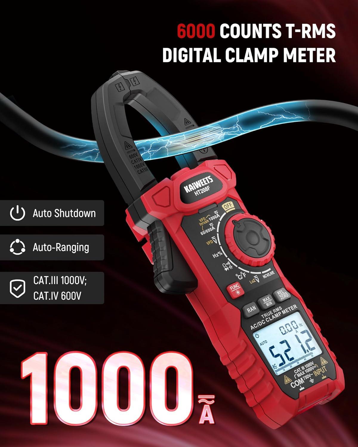 imageKAIWEETS HT208D Inrush Clamp Meter 1000A True RMS ACDC Current Amp Meter VFD LOZ Mode 6000 Counts Measures Current Voltage Temperature Capacitance Resistance Diodes Continuity DutyCycleHT208F