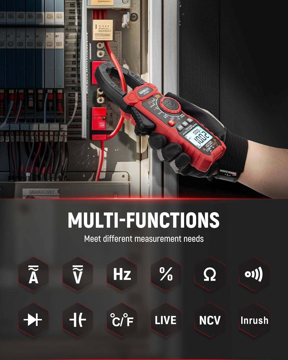 imageKAIWEETS HT208D Inrush Clamp Meter 1000A True RMS ACDC Current Amp Meter VFD LOZ Mode 6000 Counts Measures Current Voltage Temperature Capacitance Resistance Diodes Continuity DutyCycleHT208F