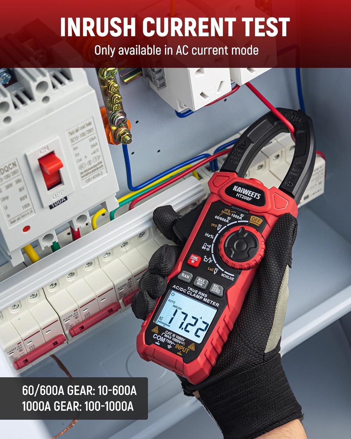 imageKAIWEETS HT208D Inrush Clamp Meter 1000A True RMS ACDC Current Amp Meter VFD LOZ Mode 6000 Counts Measures Current Voltage Temperature Capacitance Resistance Diodes Continuity DutyCycleHT208F