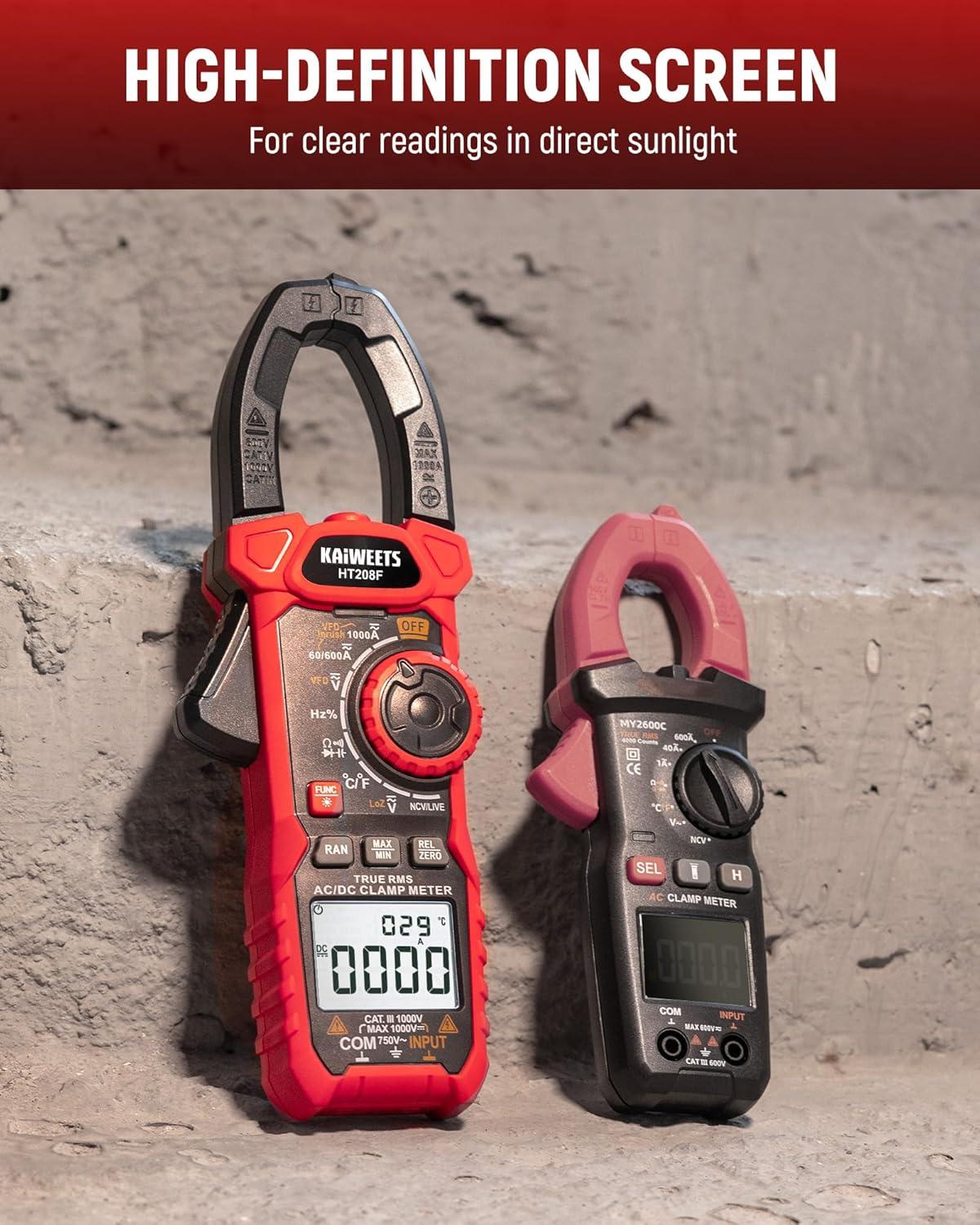 imageKAIWEETS HT208D Inrush Clamp Meter 1000A True RMS ACDC Current Amp Meter VFD LOZ Mode 6000 Counts Measures Current Voltage Temperature Capacitance Resistance Diodes Continuity DutyCycleHT208F