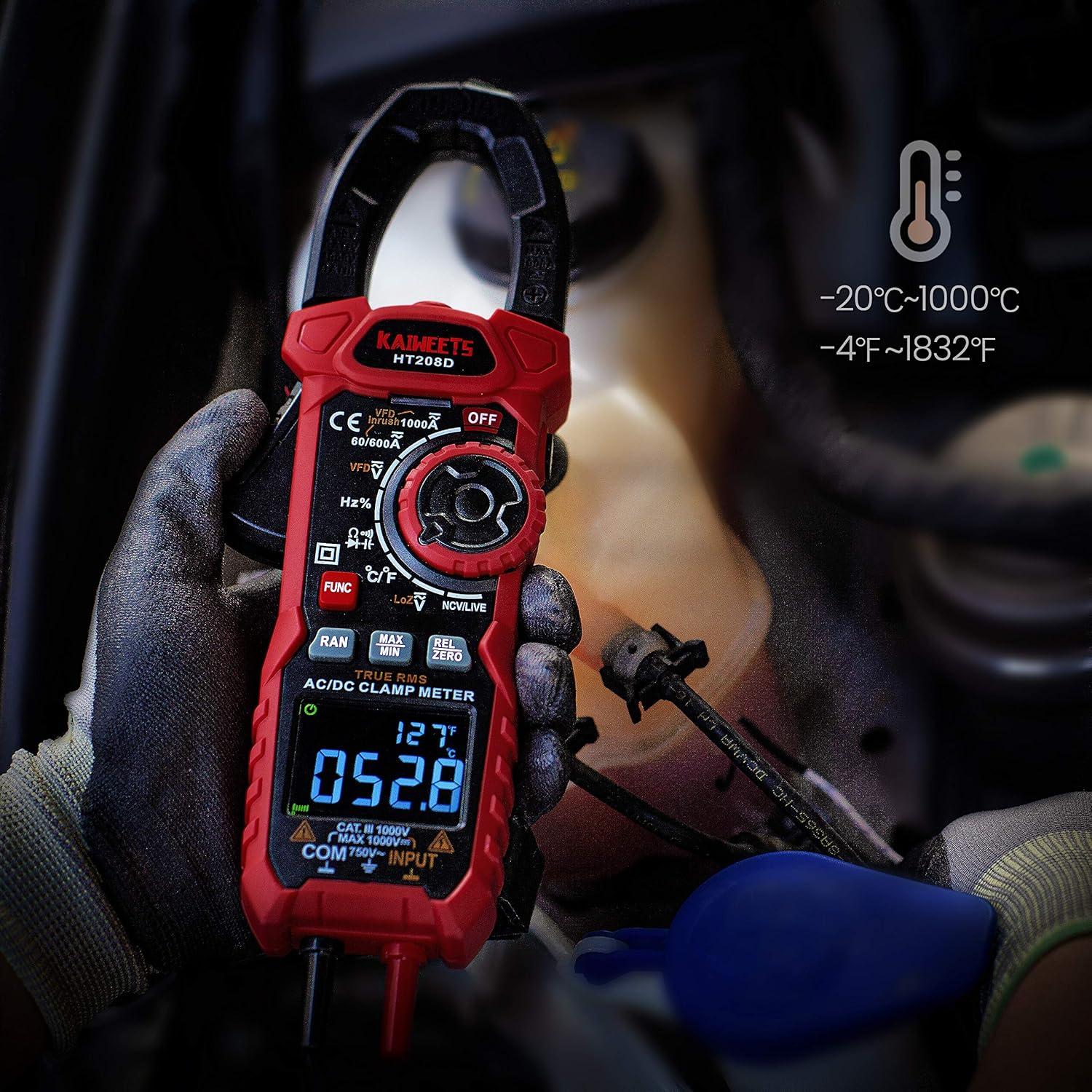 imageKAIWEETS HT208D Inrush Clamp Meter 1000A True RMS ACDC Current Amp Meter VFD LOZ Mode 6000 Counts Measures Current Voltage Temperature Capacitance Resistance Diodes Continuity DutyCycleHT208D