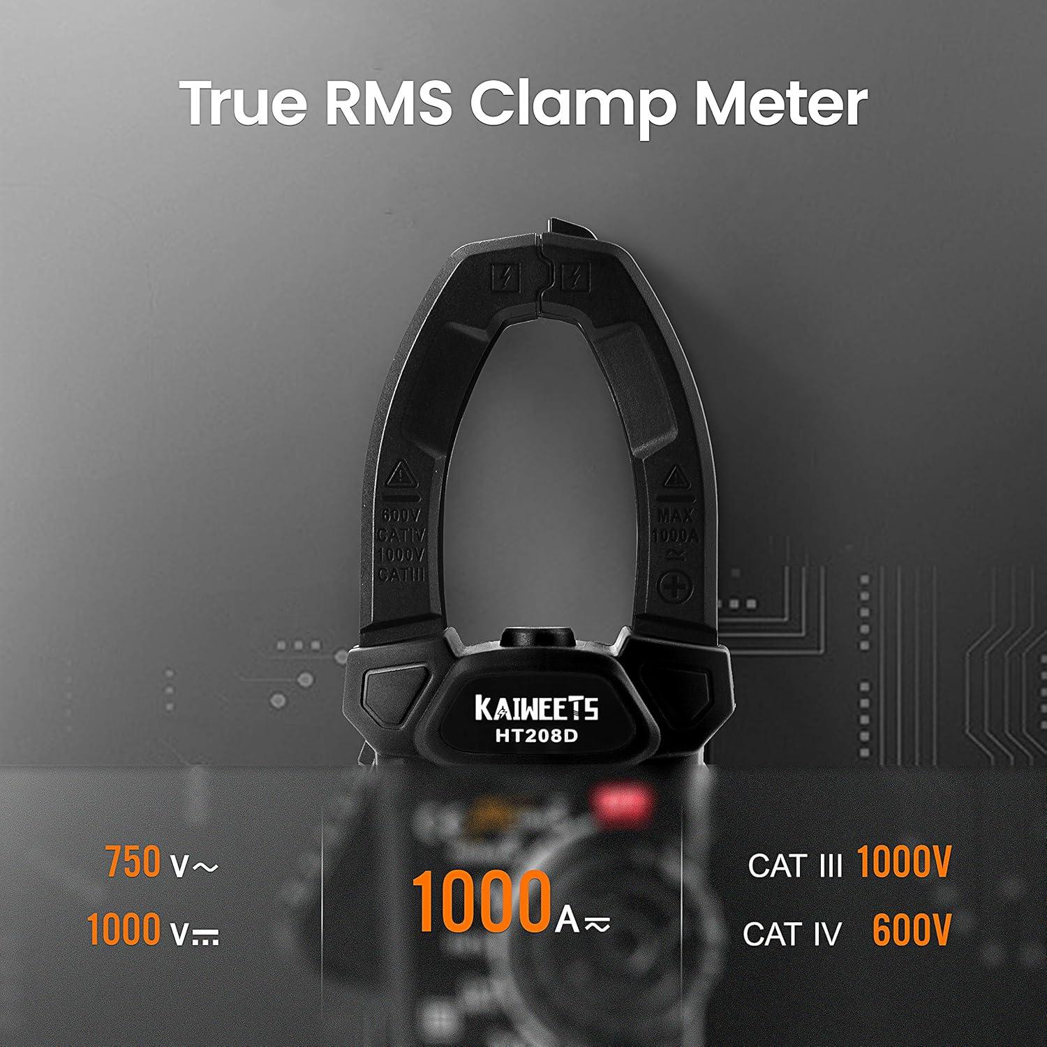 imageKAIWEETS HT208D Inrush Clamp Meter 1000A True RMS ACDC Current Amp Meter VFD LOZ Mode 6000 Counts Measures Current Voltage Temperature Capacitance Resistance Diodes Continuity DutyCycleHT208D