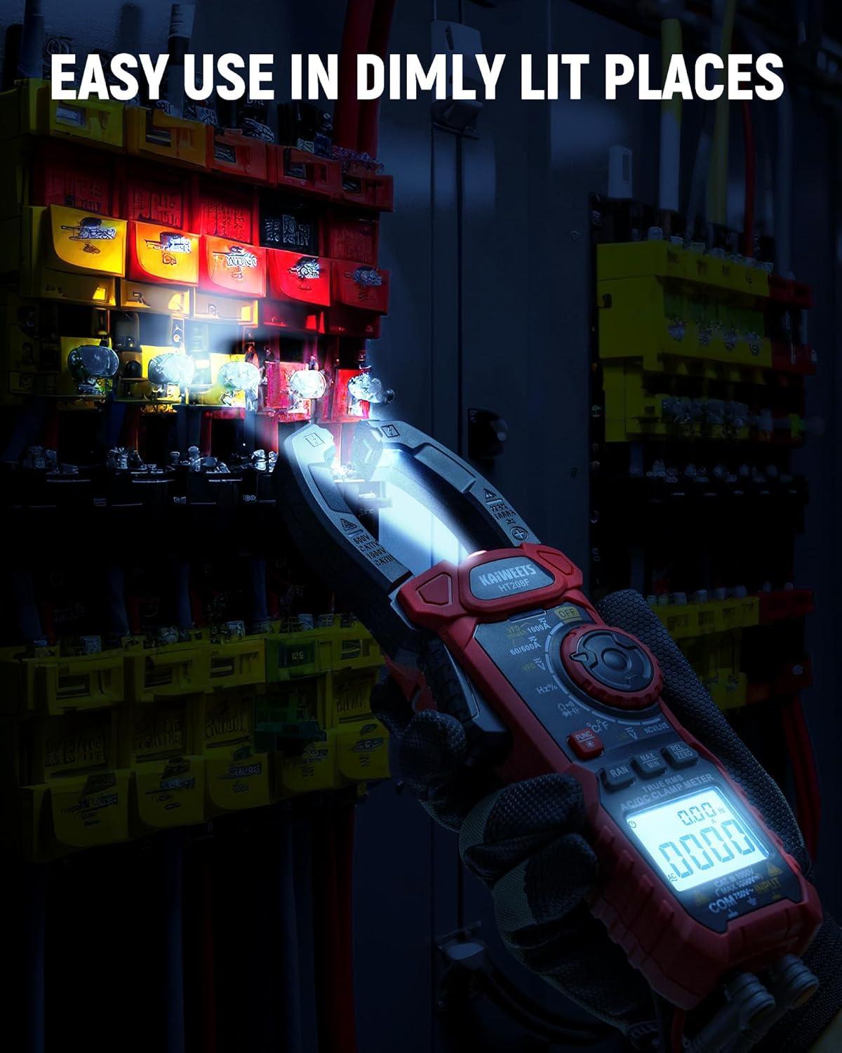imageKAIWEETS HT208D Inrush Clamp Meter 1000A True RMS ACDC Current Amp Meter VFD LOZ Mode 6000 Counts Measures Current Voltage Temperature Capacitance Resistance Diodes Continuity DutyCycleHT208F