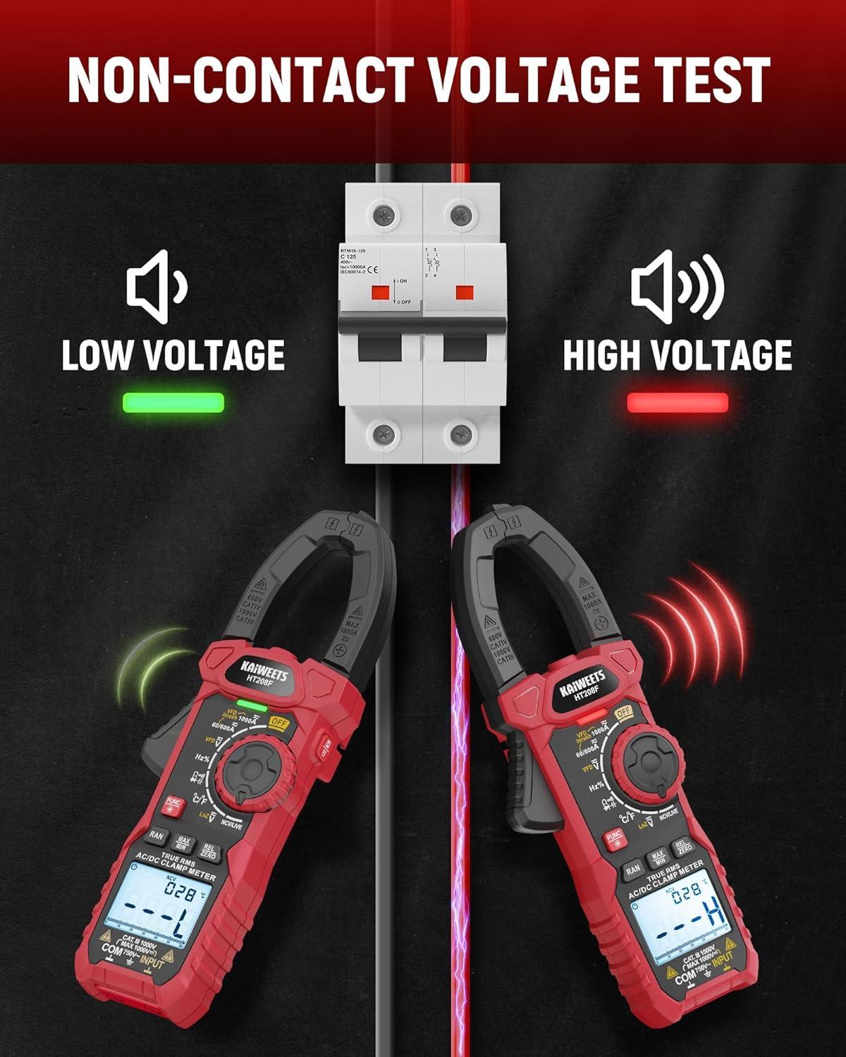 imageKAIWEETS HT208D Inrush Clamp Meter 1000A True RMS ACDC Current Amp Meter VFD LOZ Mode 6000 Counts Measures Current Voltage Temperature Capacitance Resistance Diodes Continuity DutyCycleHT208F