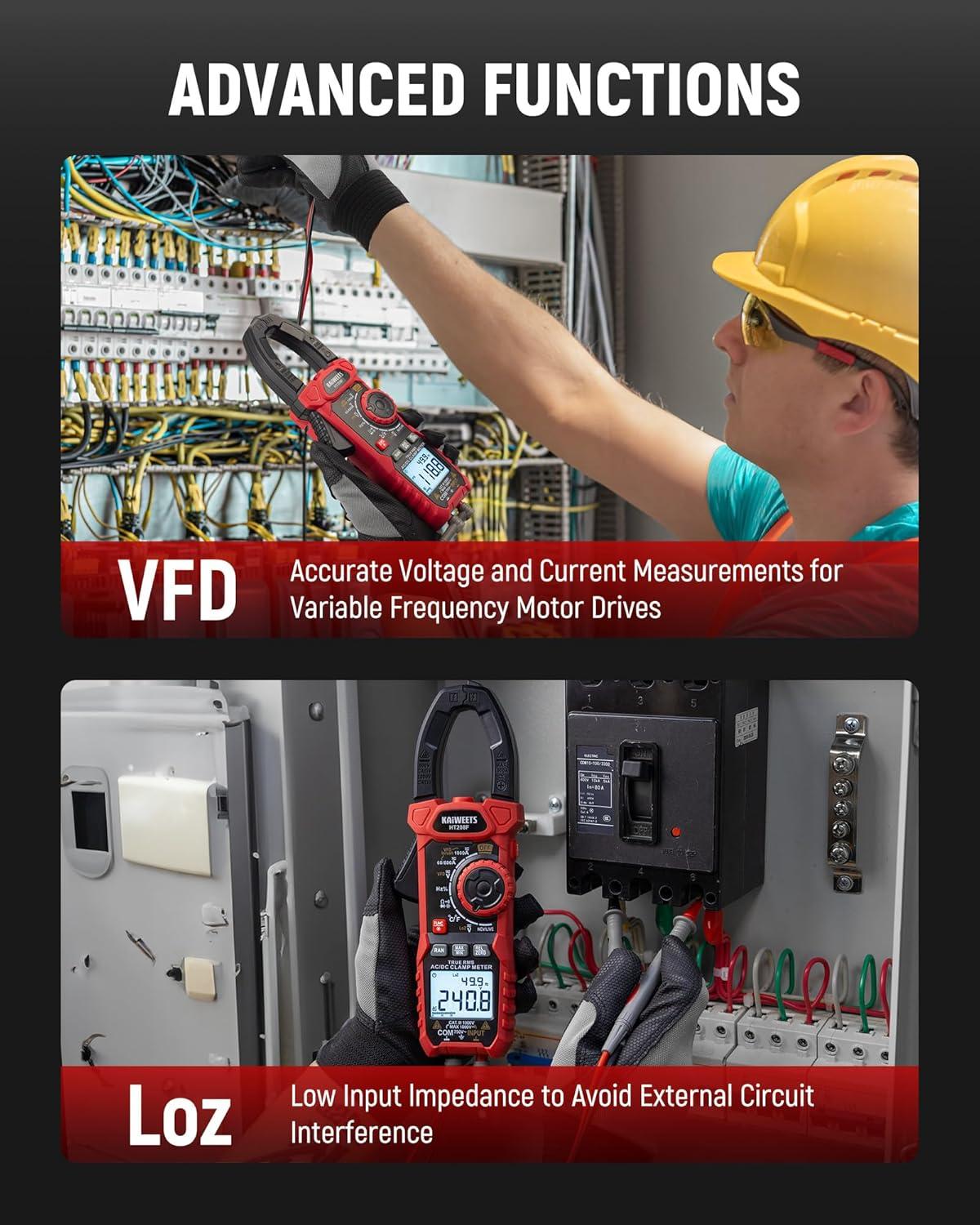imageKAIWEETS HT208D Inrush Clamp Meter 1000A True RMS ACDC Current Amp Meter VFD LOZ Mode 6000 Counts Measures Current Voltage Temperature Capacitance Resistance Diodes Continuity DutyCycleHT208F