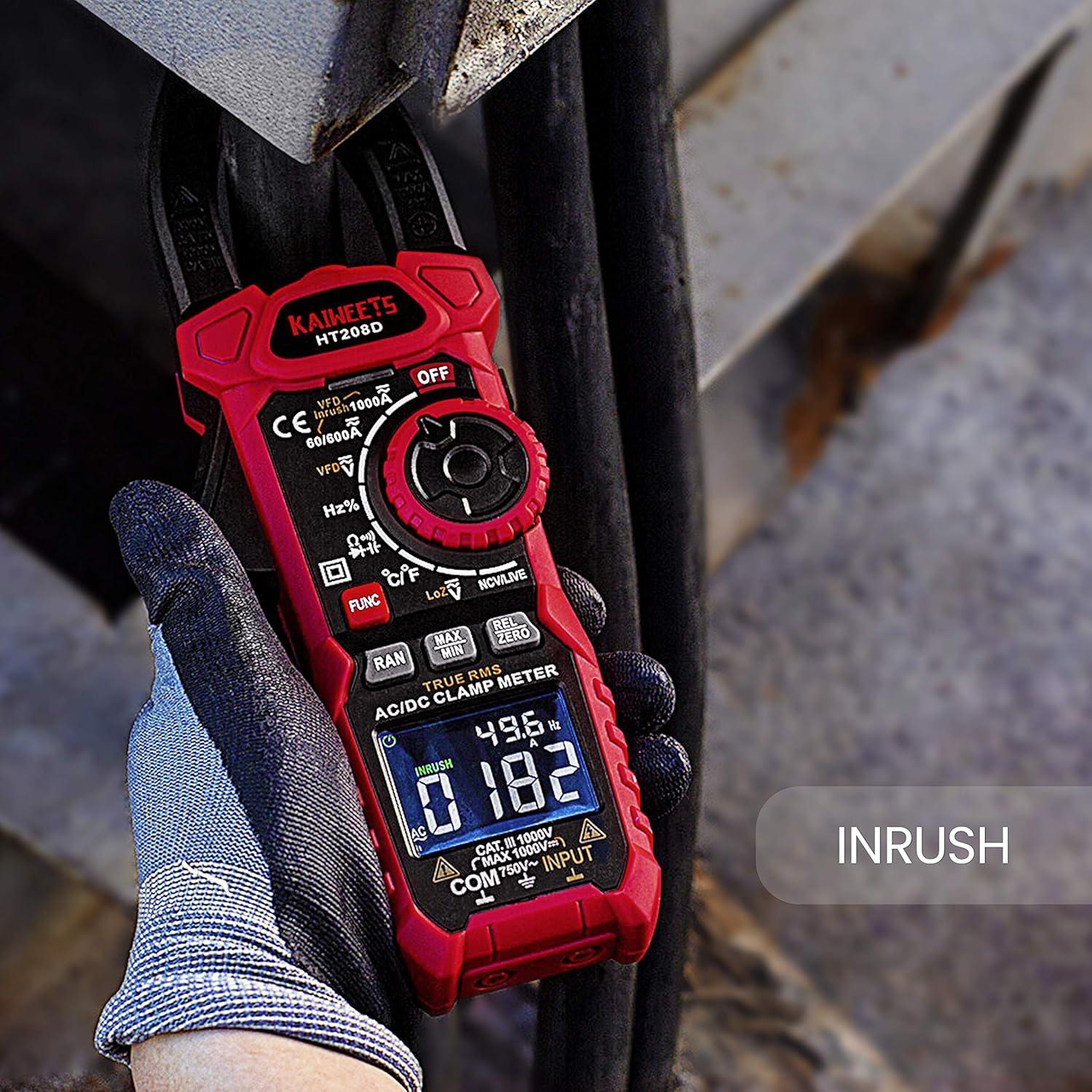 imageKAIWEETS HT208D Inrush Clamp Meter 1000A True RMS ACDC Current Amp Meter VFD LOZ Mode 6000 Counts Measures Current Voltage Temperature Capacitance Resistance Diodes Continuity DutyCycleHT208D