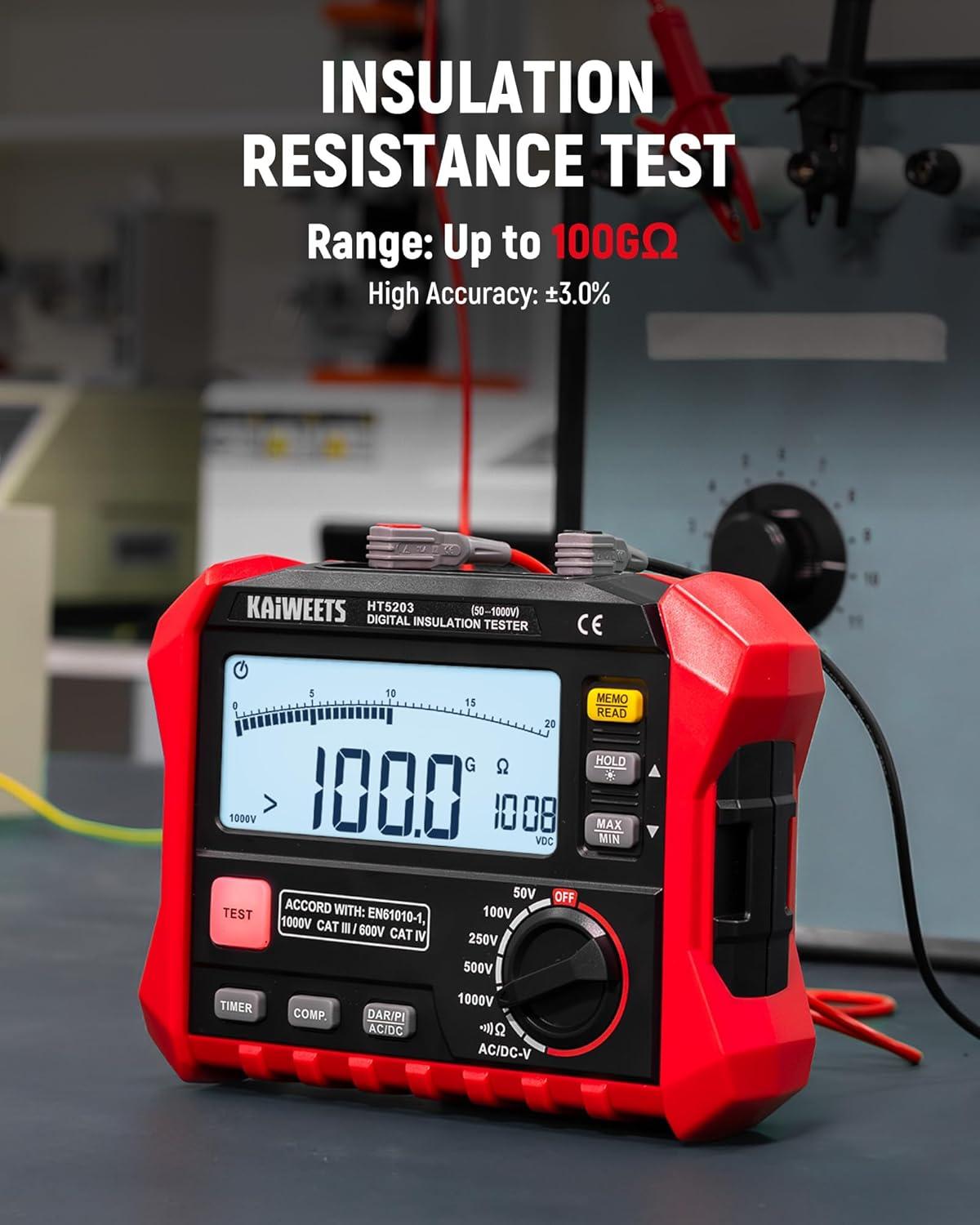 imageKAIWEETS HT5203 Megohmmeter Insulation Resistance Tester Up to 100G 50V100V250V500V1000V OneTouch DARPI with ACDC Voltage Testing for Motors Solar HVAC