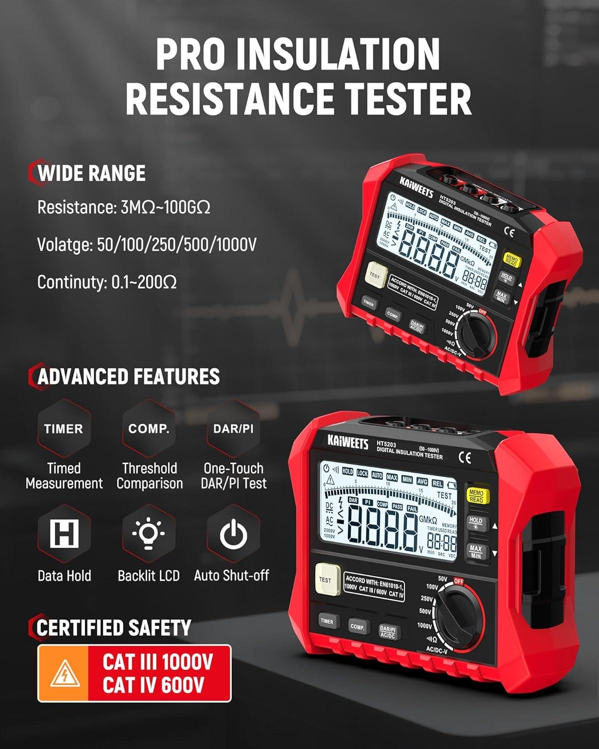 imageKAIWEETS HT5203 Megohmmeter Insulation Resistance Tester Up to 100G 50V100V250V500V1000V OneTouch DARPI with ACDC Voltage Testing for Motors Solar HVAC