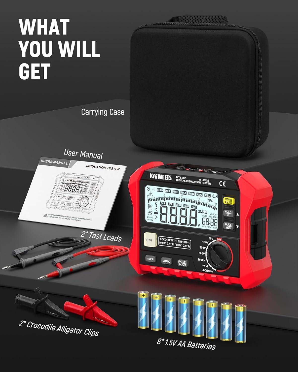 imageKAIWEETS HT5203 Megohmmeter Insulation Resistance Tester Up to 100G 50V100V250V500V1000V OneTouch DARPI with ACDC Voltage Testing for Motors Solar HVAC