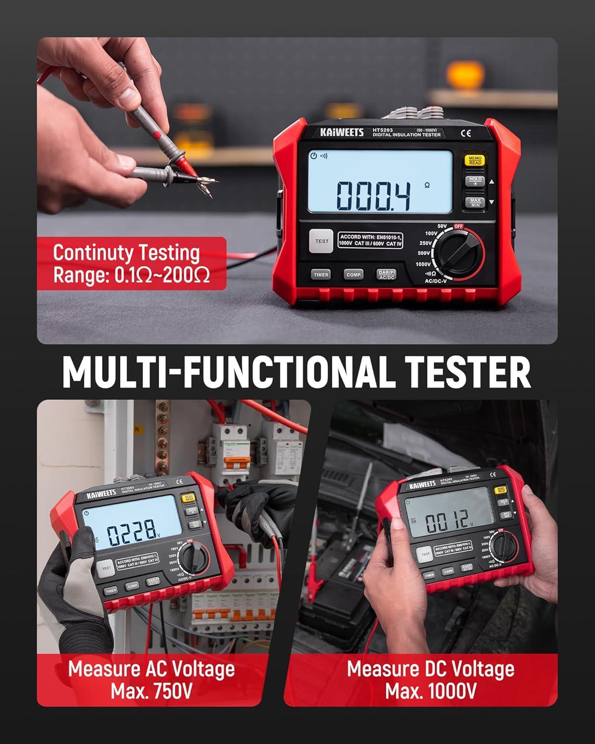 imageKAIWEETS HT5203 Megohmmeter Insulation Resistance Tester Up to 100G 50V100V250V500V1000V OneTouch DARPI with ACDC Voltage Testing for Motors Solar HVAC