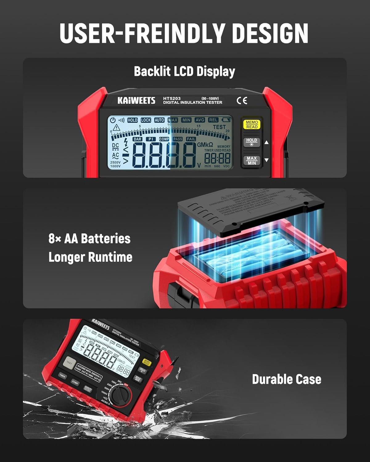 imageKAIWEETS HT5203 Megohmmeter Insulation Resistance Tester Up to 100G 50V100V250V500V1000V OneTouch DARPI with ACDC Voltage Testing for Motors Solar HVAC