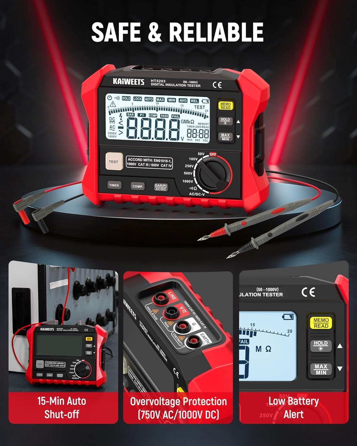 imageKAIWEETS HT5203 Megohmmeter Insulation Resistance Tester Up to 100G 50V100V250V500V1000V OneTouch DARPI with ACDC Voltage Testing for Motors Solar HVAC