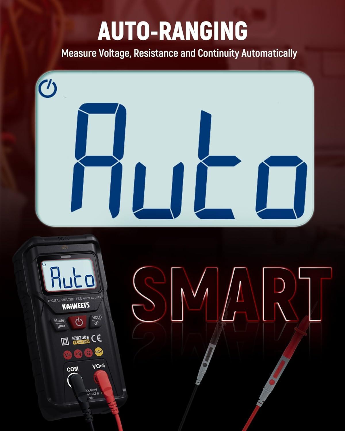 imageKAIWEETS KM200s Smart Digital Multimeter True RMS 4000 Counts Auto Ranging Voltmeter NCV NonContact Voltage Detector Measure ACDC Voltage Resistance Diode Continuity