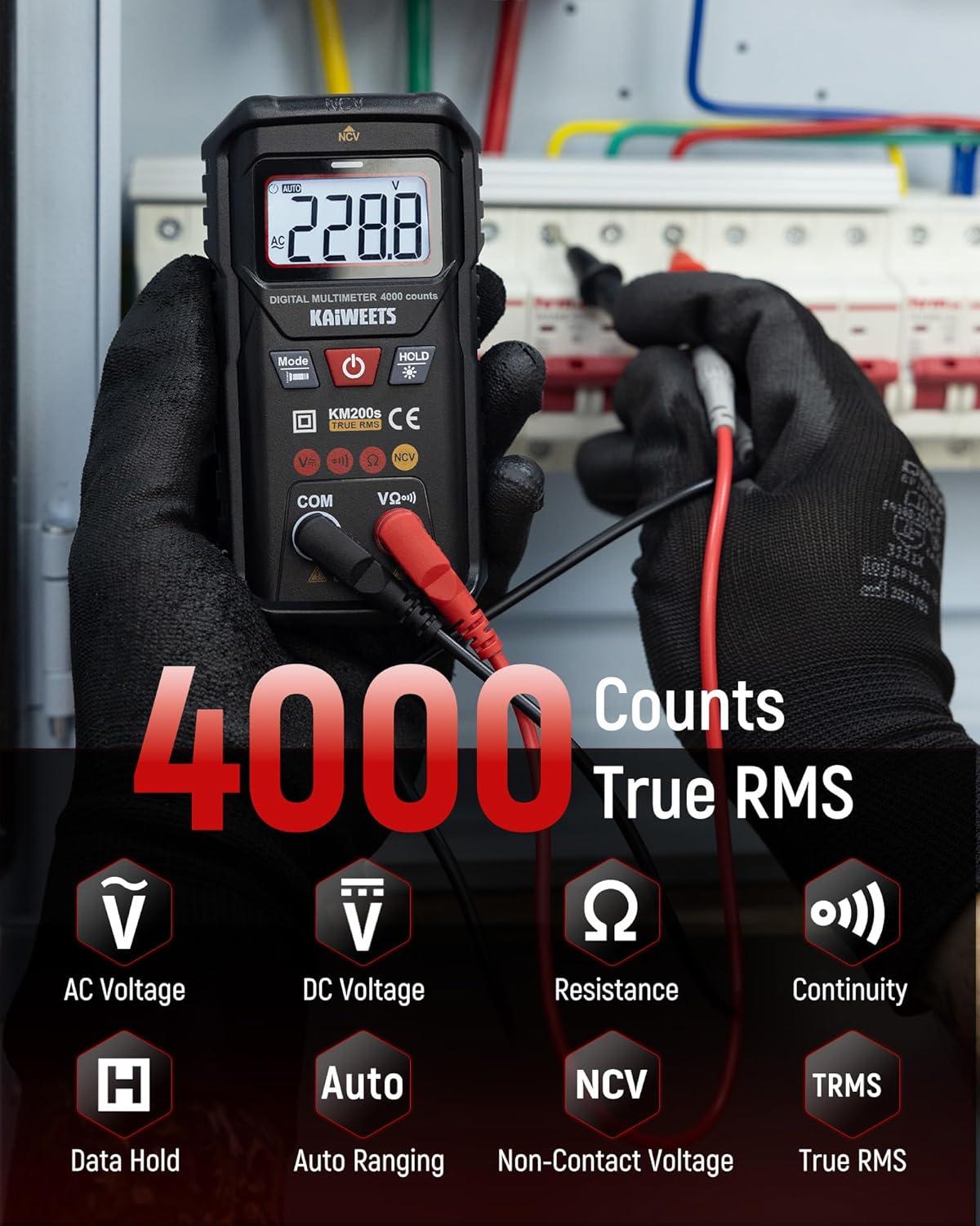 imageKAIWEETS KM200s Smart Digital Multimeter True RMS 4000 Counts Auto Ranging Voltmeter NCV NonContact Voltage Detector Measure ACDC Voltage Resistance Diode Continuity