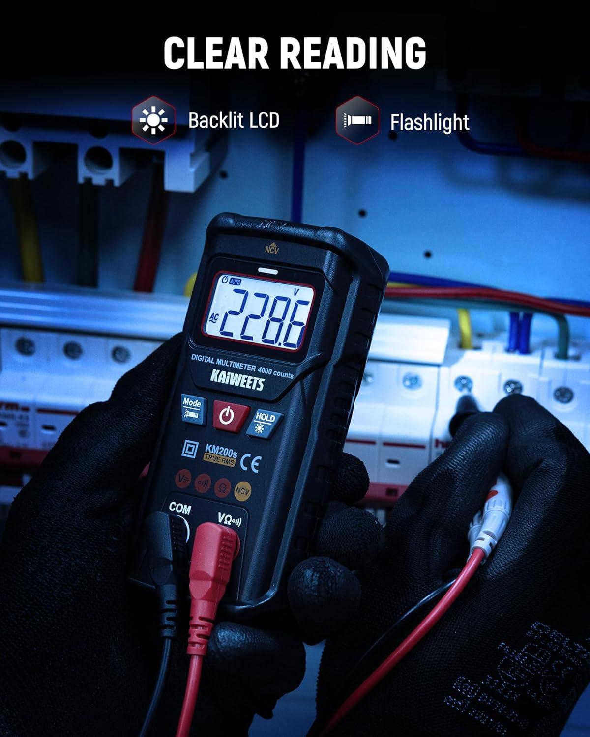 imageKAIWEETS KM200s Smart Digital Multimeter True RMS 4000 Counts Auto Ranging Voltmeter NCV NonContact Voltage Detector Measure ACDC Voltage Resistance Diode Continuity