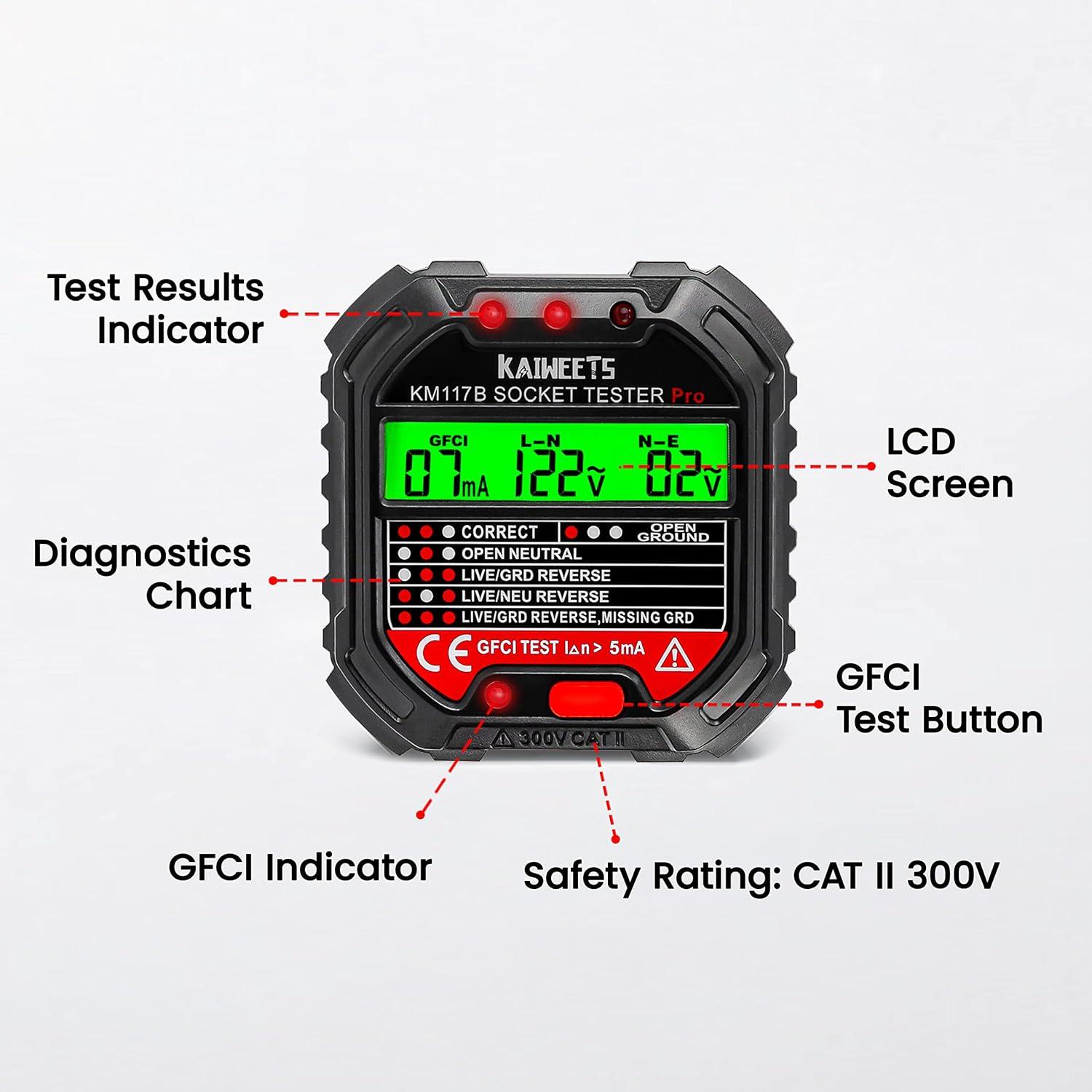imageKAIWEETS Outlet Tester Electrical GFCI Receptacle Detector with LCD Display 3 Prong 120V AC Voltage Socket Checker 6 Visual IndicationWiring Legend for Home