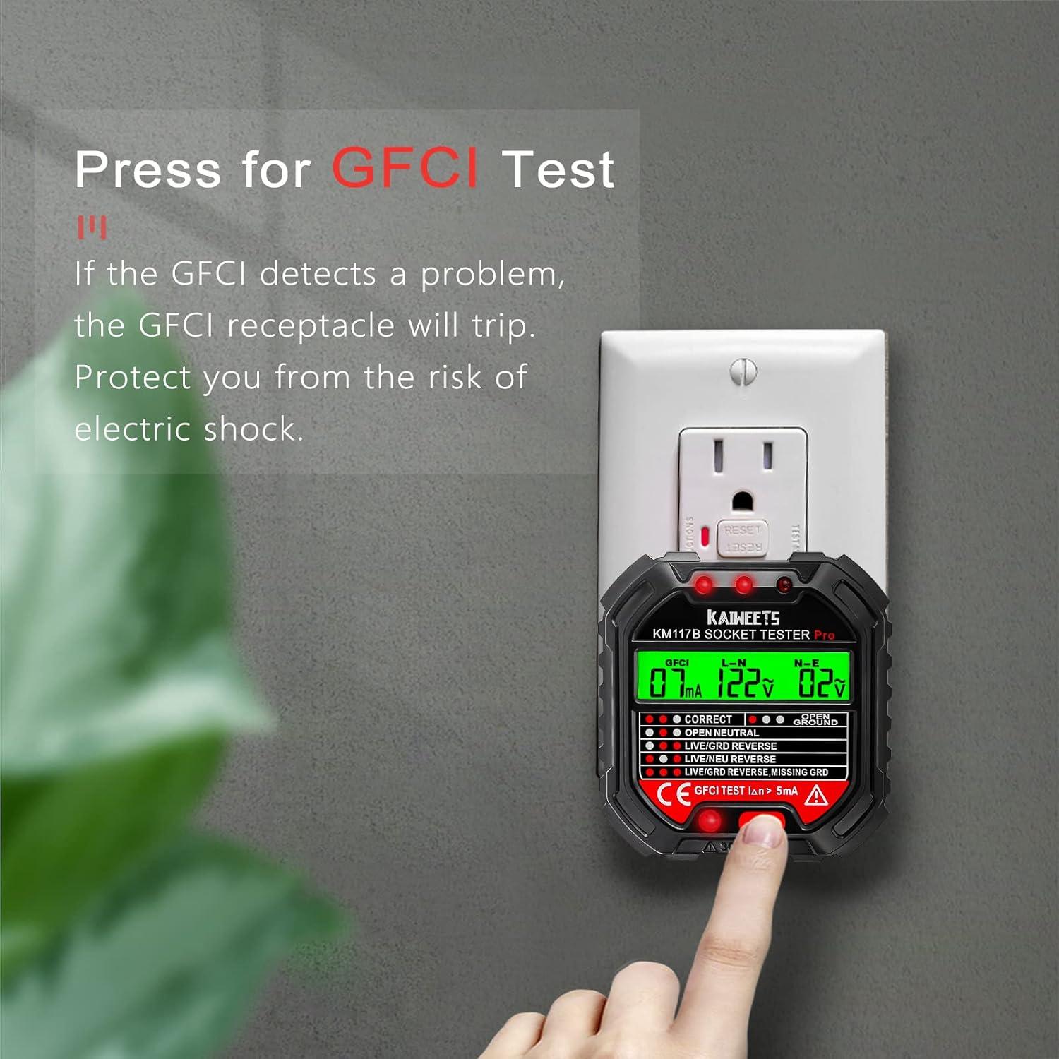 imageKAIWEETS Outlet Tester Electrical GFCI Receptacle Detector with LCD Display 3 Prong 120V AC Voltage Socket Checker 6 Visual IndicationWiring Legend for Home