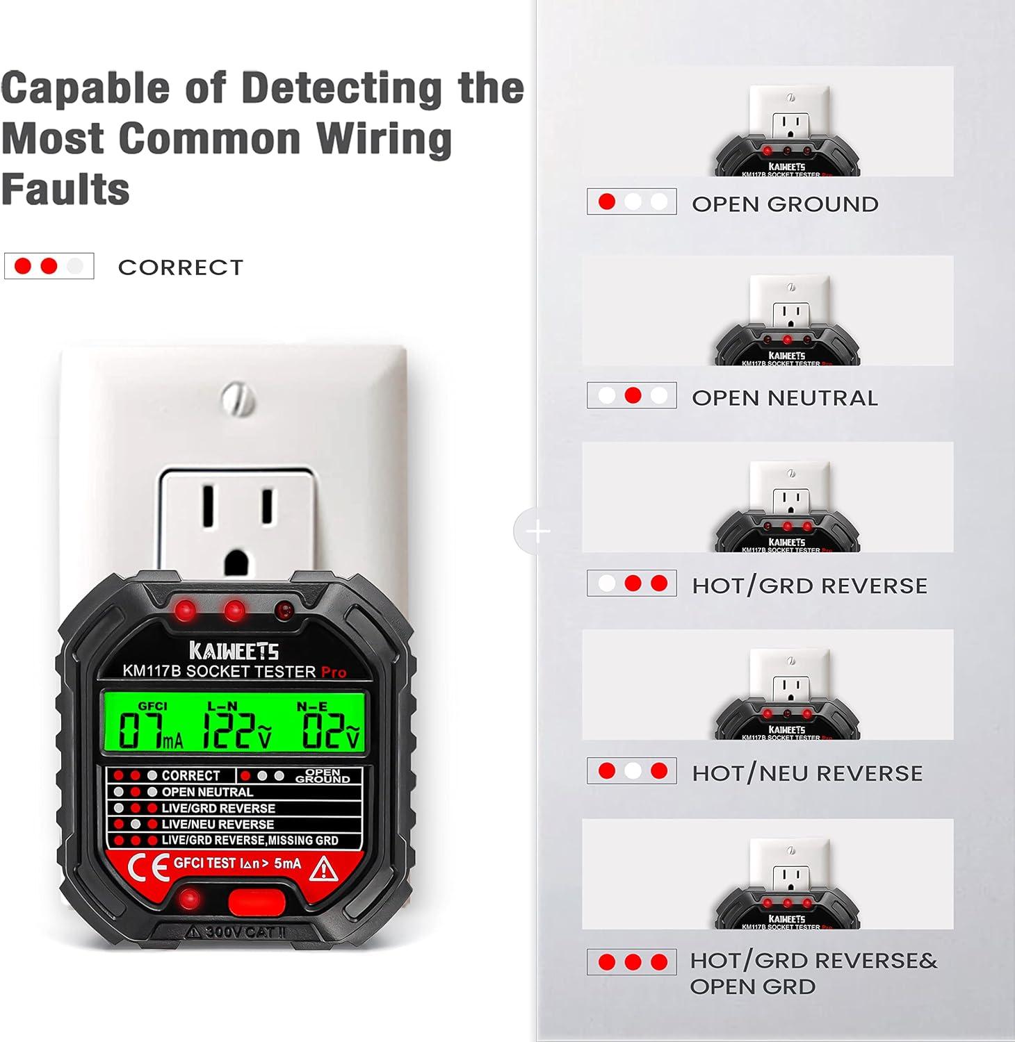 imageKAIWEETS Outlet Tester Electrical GFCI Receptacle Detector with LCD Display 3 Prong 120V AC Voltage Socket Checker 6 Visual IndicationWiring Legend for Home