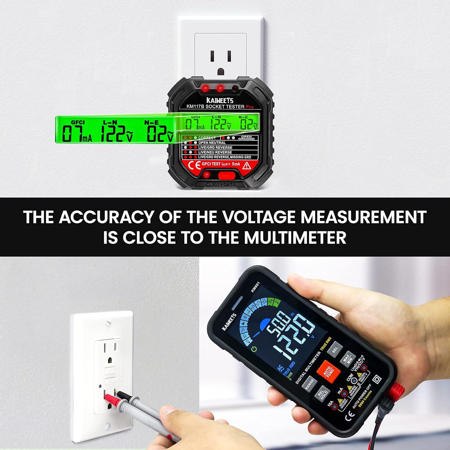 imageKAIWEETS Outlet Tester Electrical GFCI Receptacle Detector with LCD Display 3 Prong 120V AC Voltage Socket Checker 6 Visual IndicationWiring Legend for Home