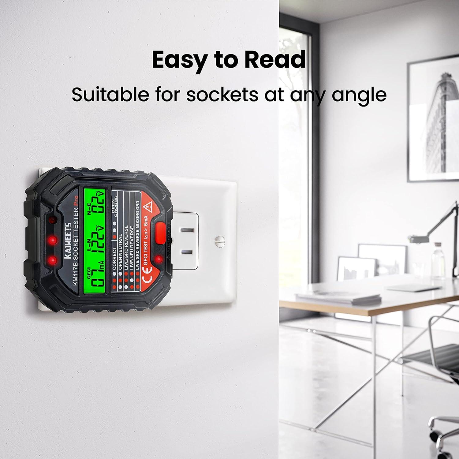 imageKAIWEETS Outlet Tester Electrical GFCI Receptacle Detector with LCD Display 3 Prong 120V AC Voltage Socket Checker 6 Visual IndicationWiring Legend for Home