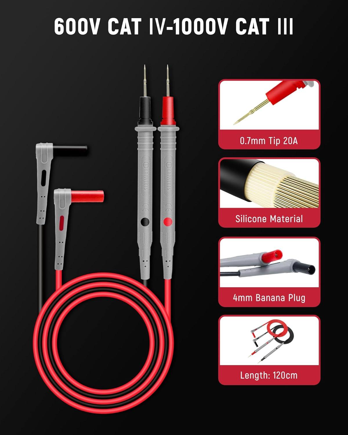 imageKAIWEETS Silicone Multimeter Test Leads with GoldPlated Probes 48 inch Long CAT III 1000V CAT IV 600V 20A Compatible with Volt Clamp Meter Electrical Testing Tools